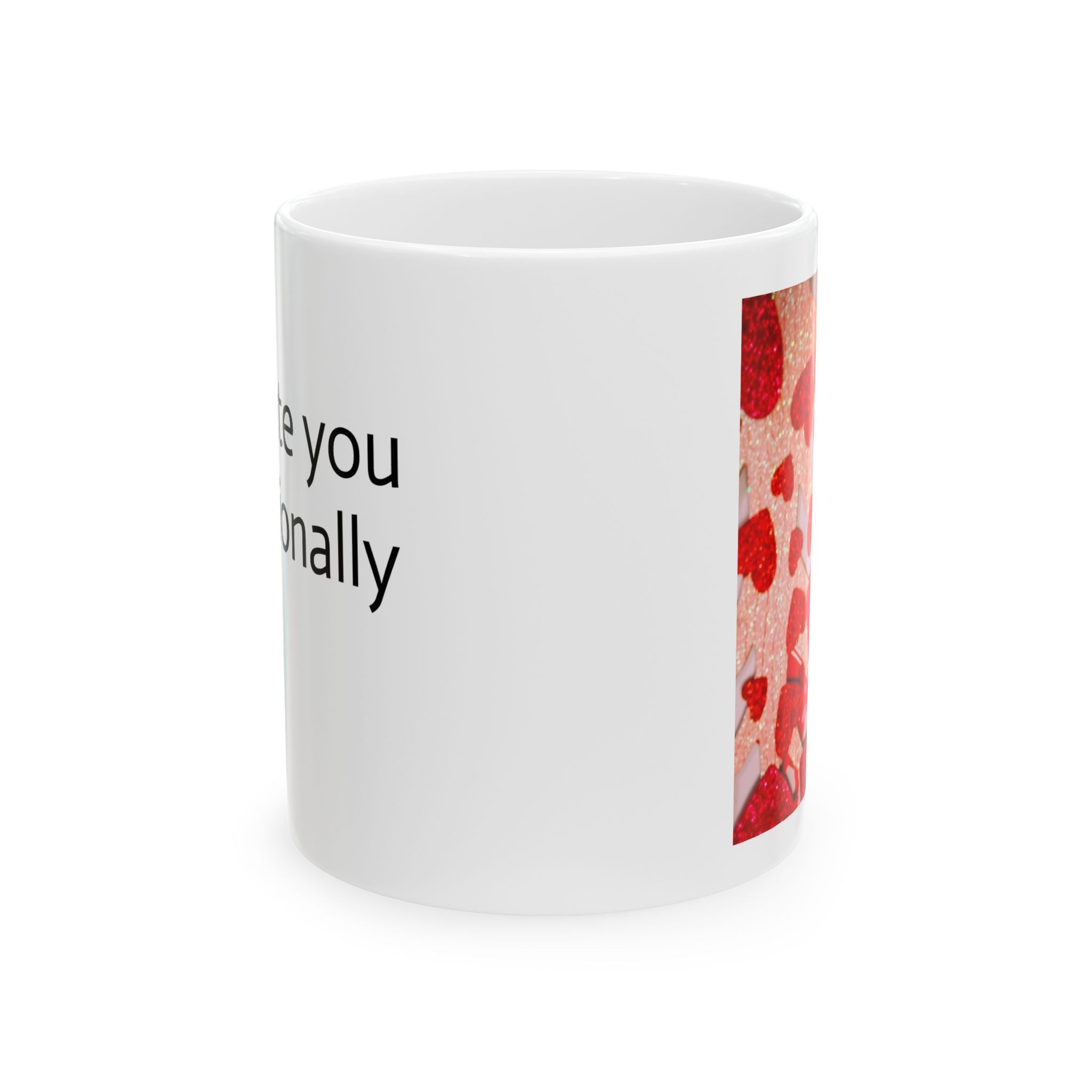 White mug with red heart pattern and text on a white background