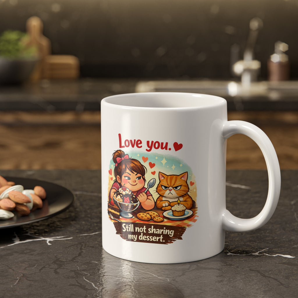 Funny Ceramic Mug — "Love You" Still Not Sharing My Dessert, with Grumpy Cat