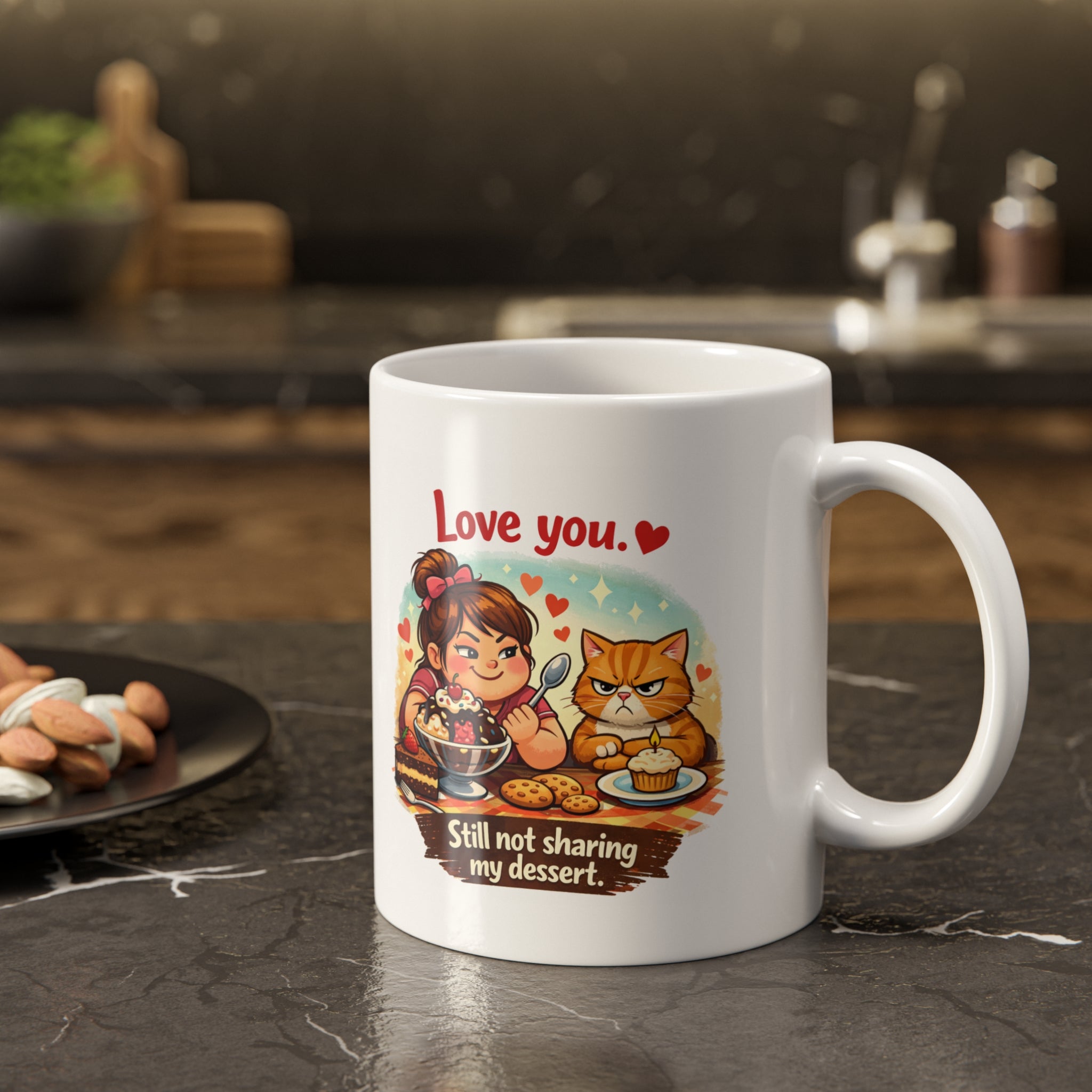 Funny Ceramic Mug — "Love You" Still Not Sharing My Dessert, with Grumpy Cat