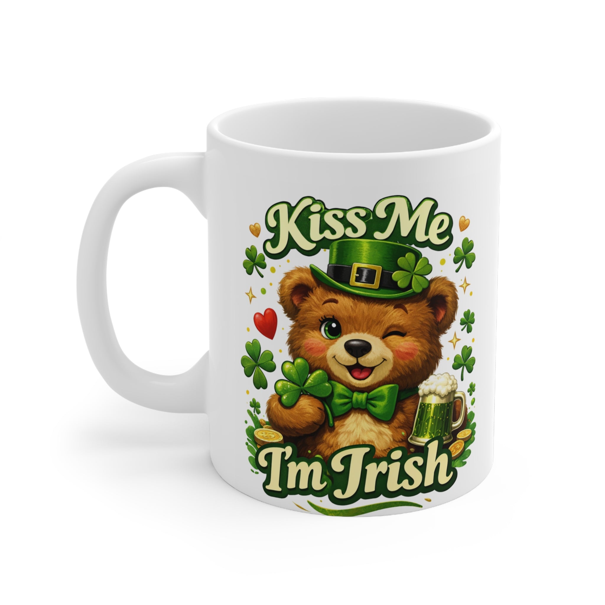 Kiss Me I'm Irish Mug — Cute Teddy St. Patrick's Day Ceramic Coffee Cup, On the desk of someone who celebrates Irish charm