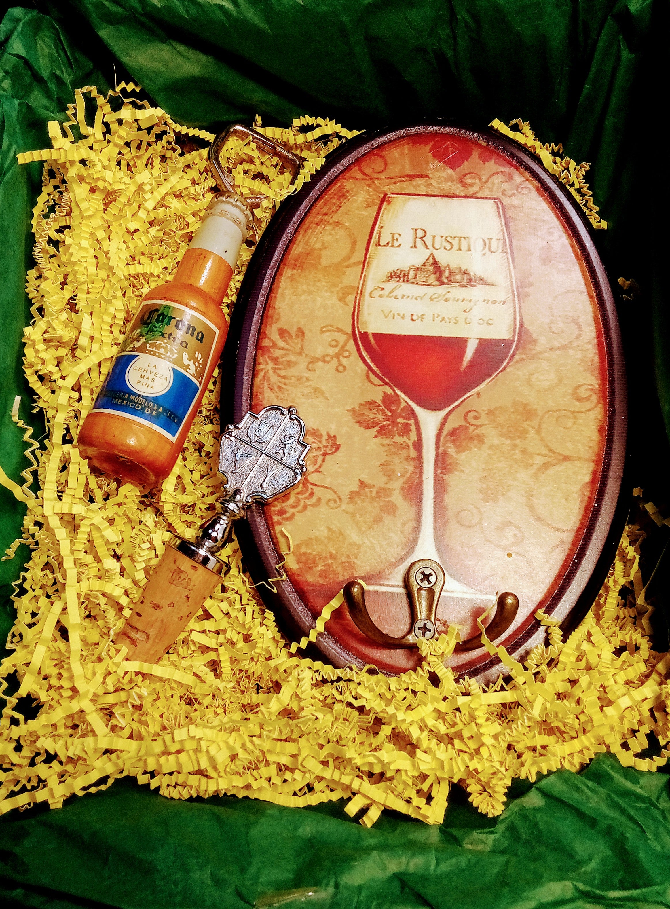 Gift Box: Home Pub Wall Art Gift for Him, Wine Cork with St. George Insignia, Plus Rustic Corona Beer Bottle Opener