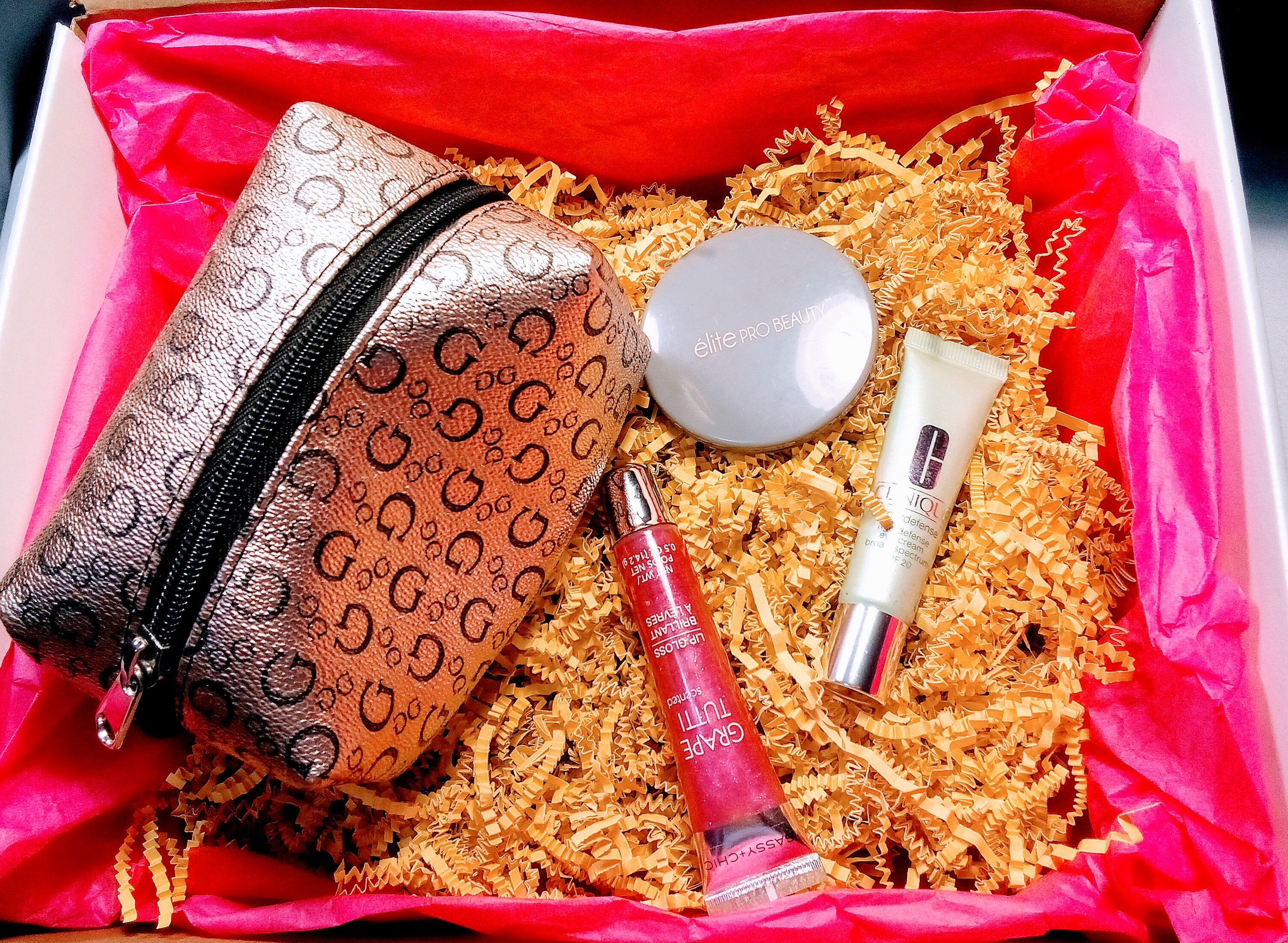 Gift Box: Guess Cosmetic Travel Pouch, Clinique Eye Cream, Grape Lip Gloss, Plus Elite Makeup Mirror - Gift for Her She'll Love