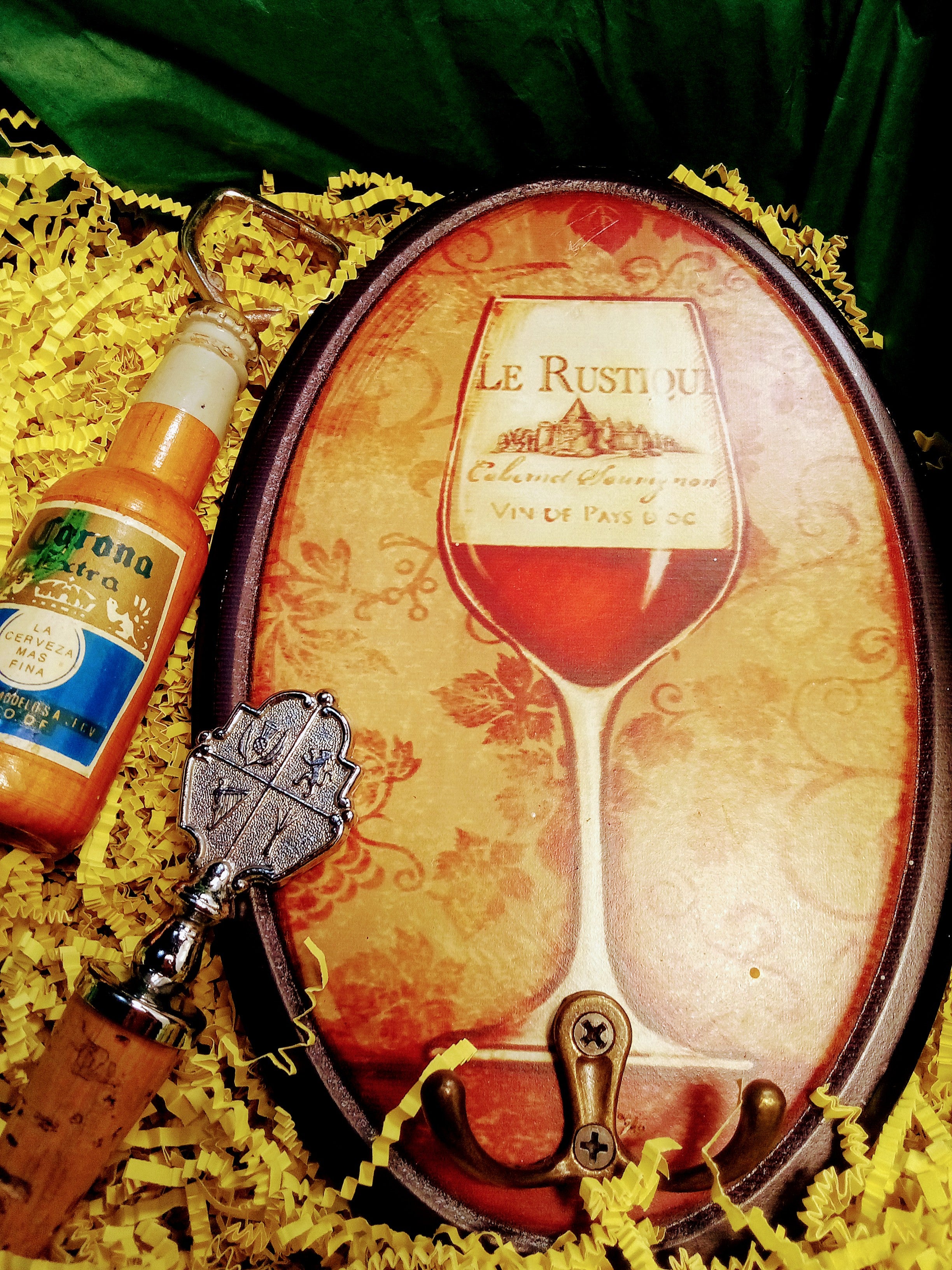 Gift Box: Home Pub Wall Art Gift for Him, Wine Cork with St. George Insignia, Plus Rustic Corona Beer Bottle Opener