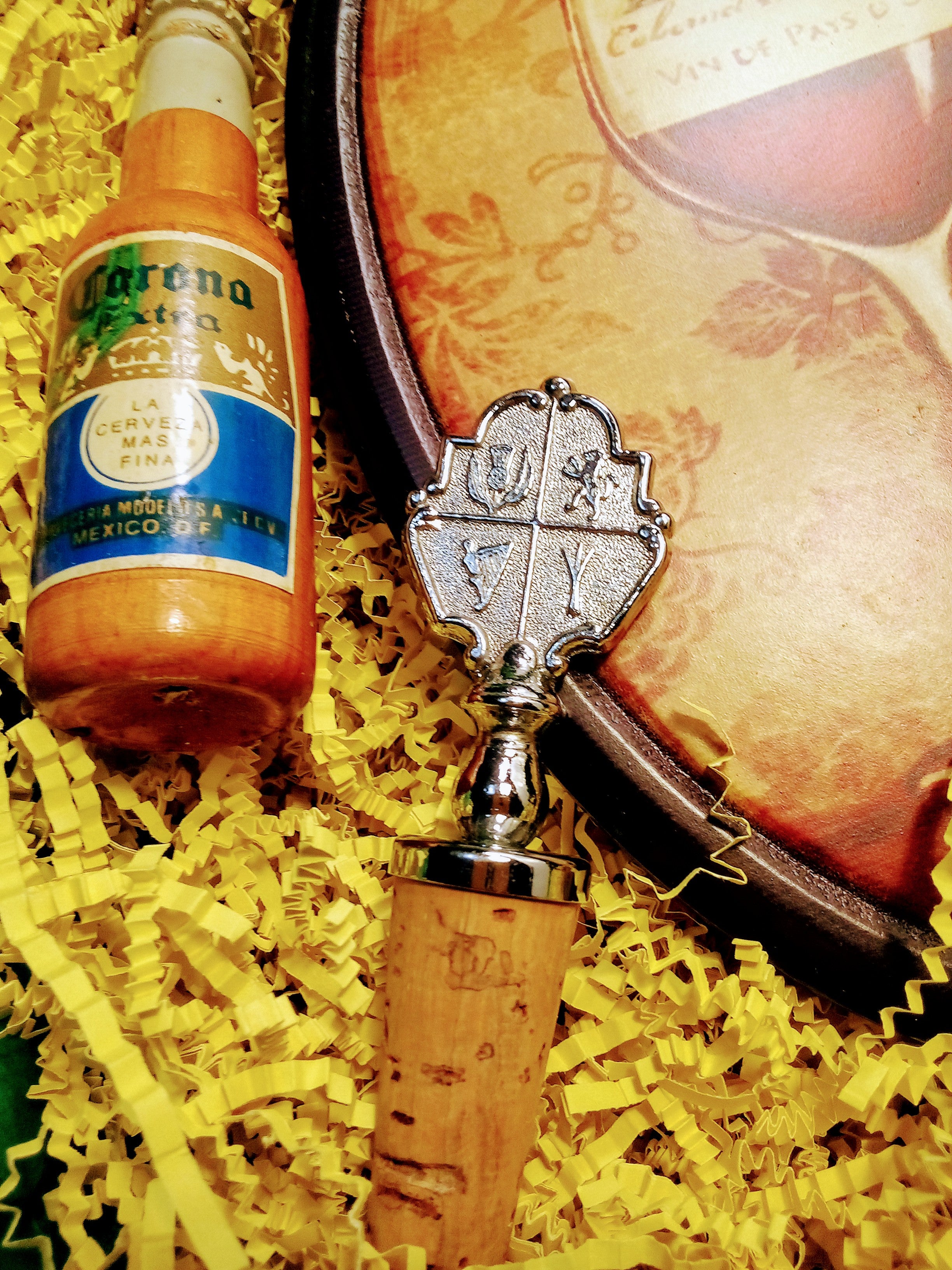 Gift Box: Home Pub Wall Art Gift for Him, Wine Cork with St. George Insignia, Plus Rustic Corona Beer Bottle Opener