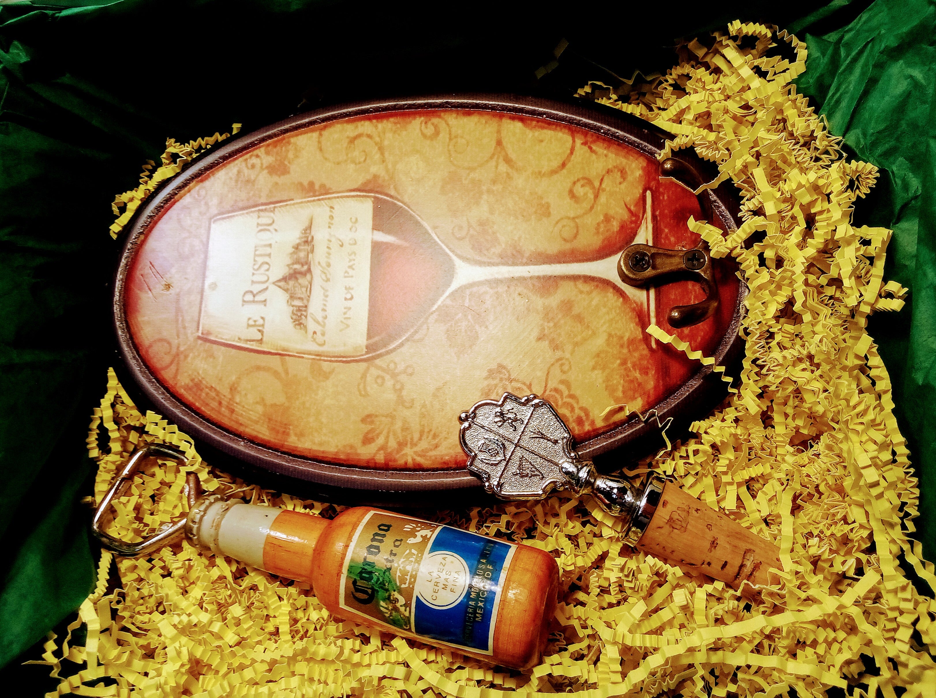 Gift Box: Home Pub Wall Art Gift for Him, Wine Cork with St. George Insignia, Plus Rustic Corona Beer Bottle Opener