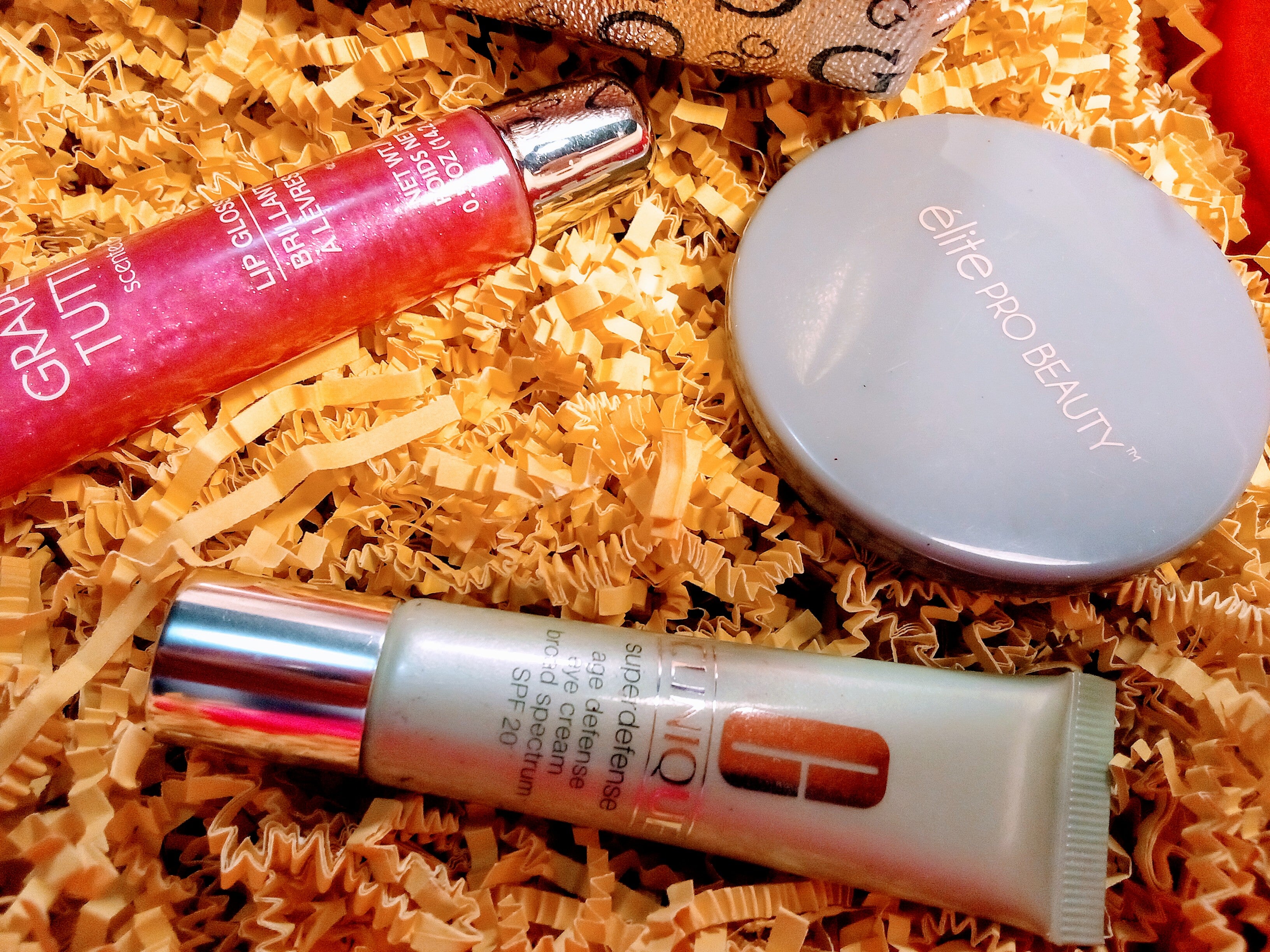 Gift Box: Guess Cosmetic Travel Pouch, Clinique Eye Cream, Grape Lip Gloss, Plus Elite Makeup Mirror - Gift for Her She'll Love