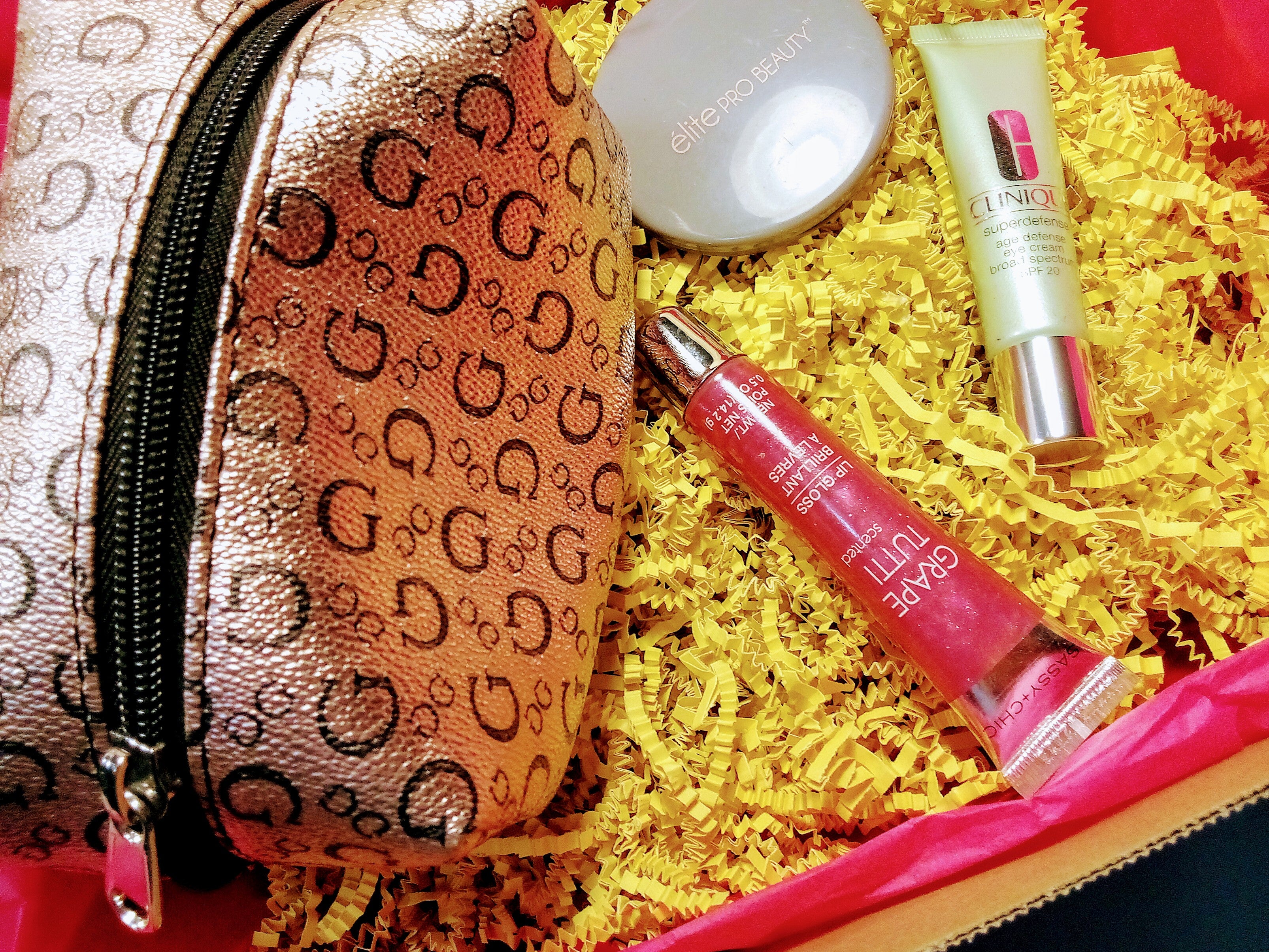 Gift Box: Guess Cosmetic Travel Pouch, Clinique Eye Cream, Grape Lip Gloss, Plus Elite Makeup Mirror - Gift for Her She'll Love