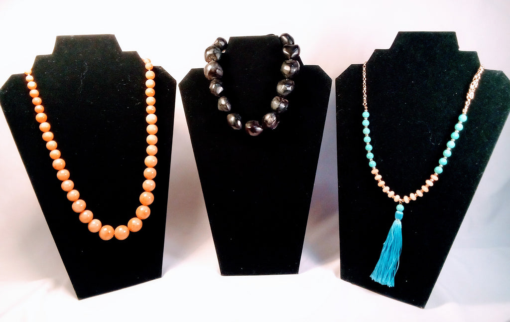 Christmas Gift Set for Her: 3 Vintage Necklaces - Butterscotch Amber Choker, Elegant Black Choker, AND Blue Pink Beaded with Tassel