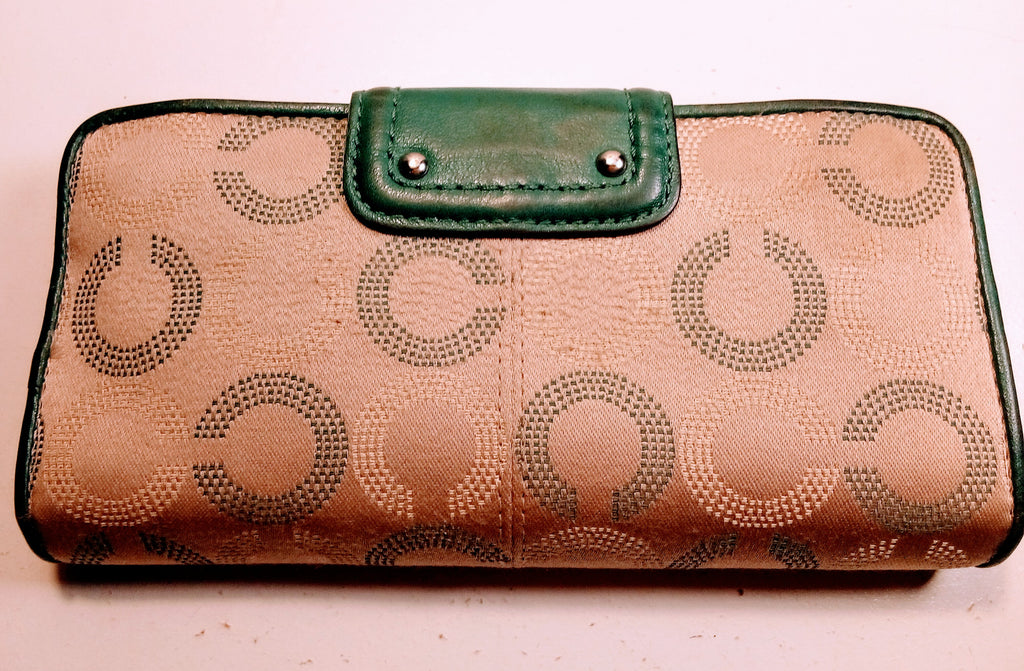 Green Leather Couch Wallet with Gold Accents, 14 Card Slots Included, Chic, Elegant Vintage