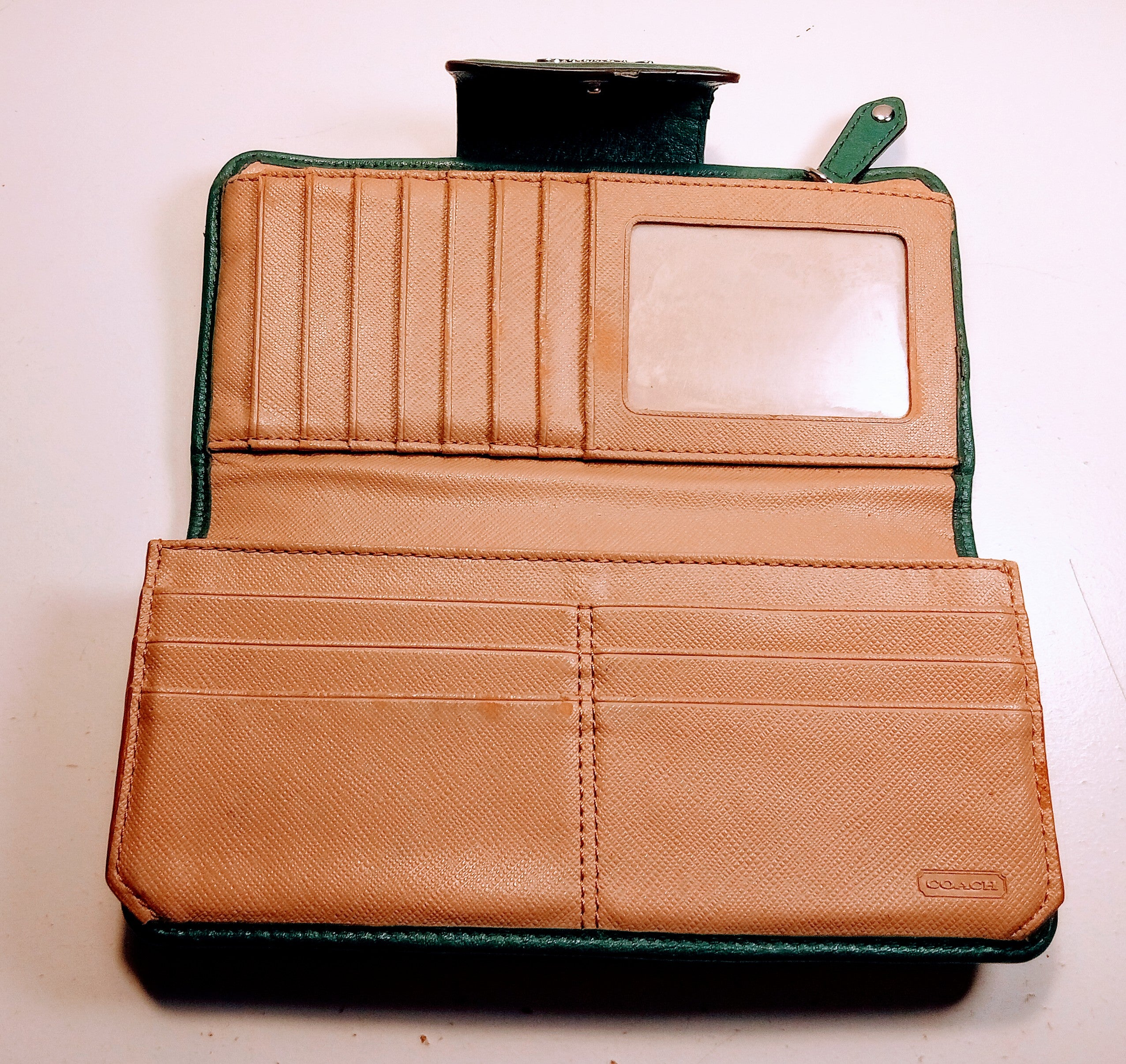 Green Leather Couch Wallet with Gold Accents, 14 Card Slots Included, Chic, Elegant Vintage