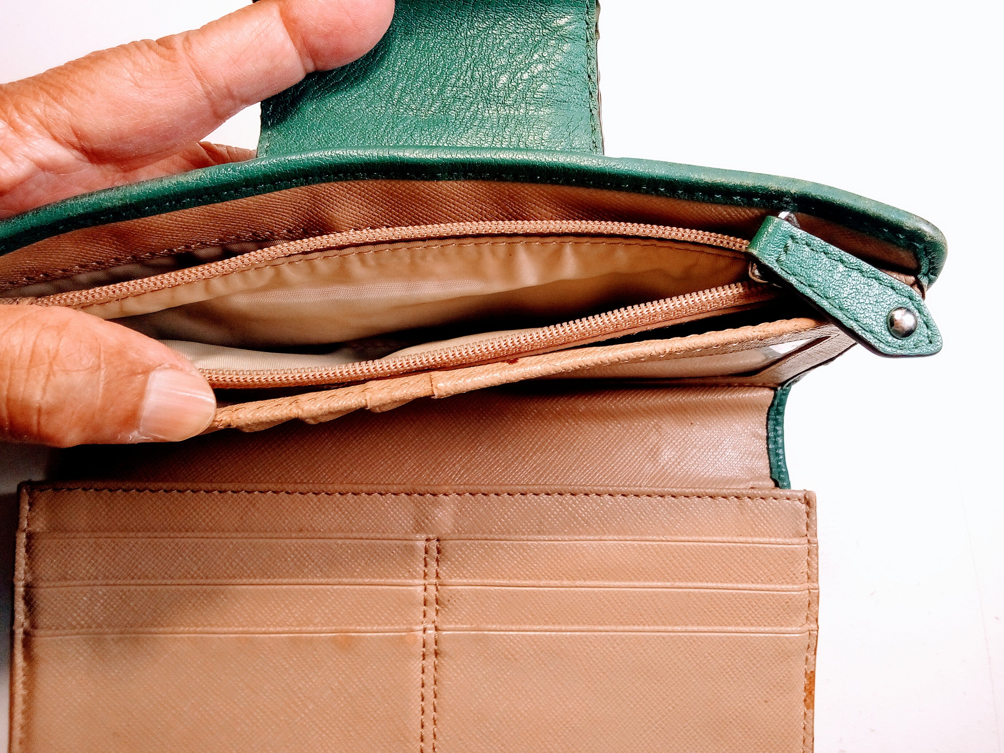 Green Leather Couch Wallet with Gold Accents, 14 Card Slots Included, Chic, Elegant Vintage