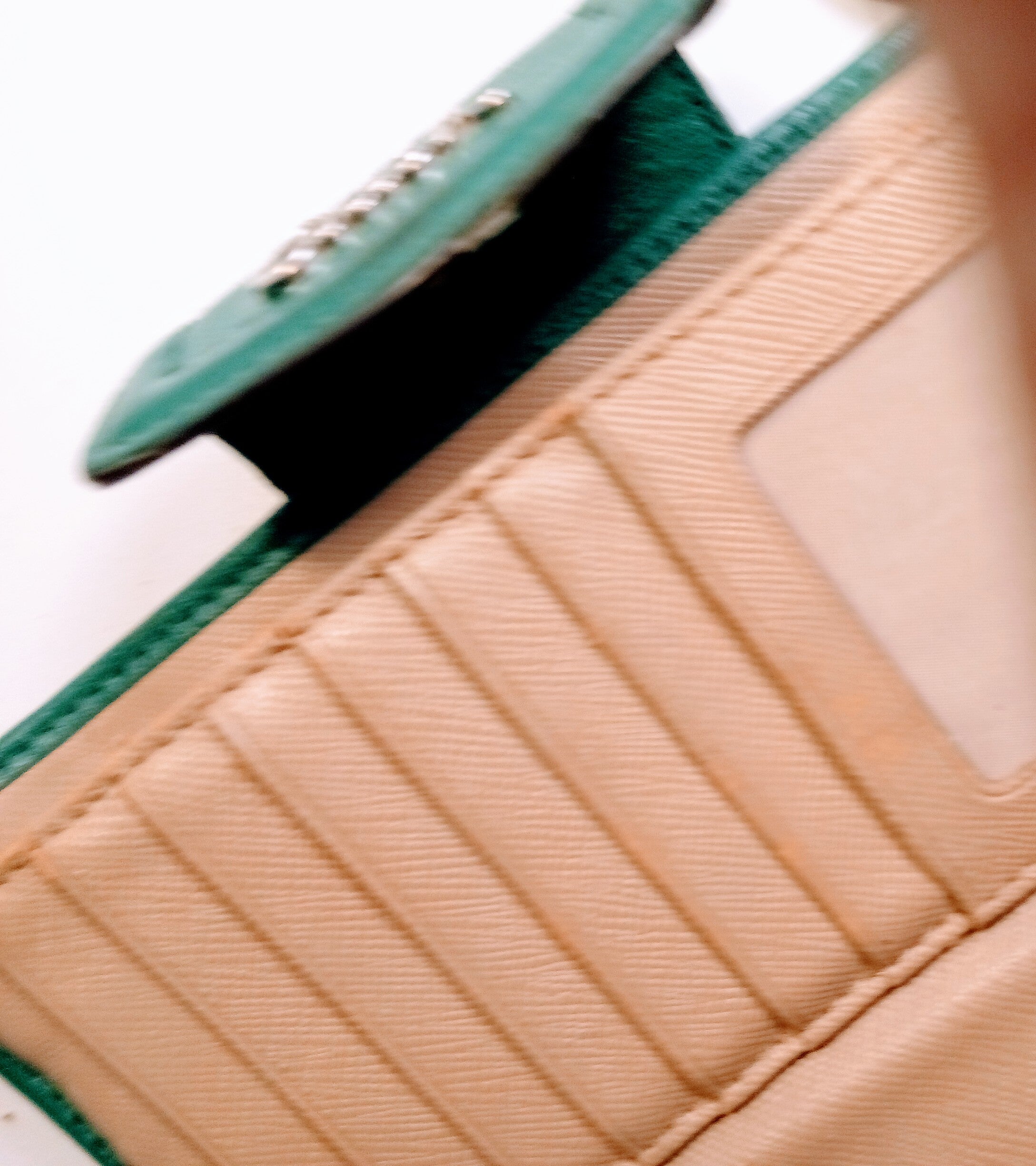 Green Leather Couch Wallet with Gold Accents, 14 Card Slots Included, Chic, Elegant Vintage