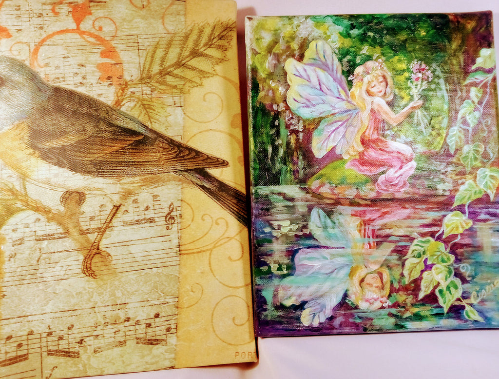 Christmas Gift Set: Unique Paintings Duo, Fairy Canvas Art for Fairy Lovers, Signed AND Greenfinch Tropical Decor