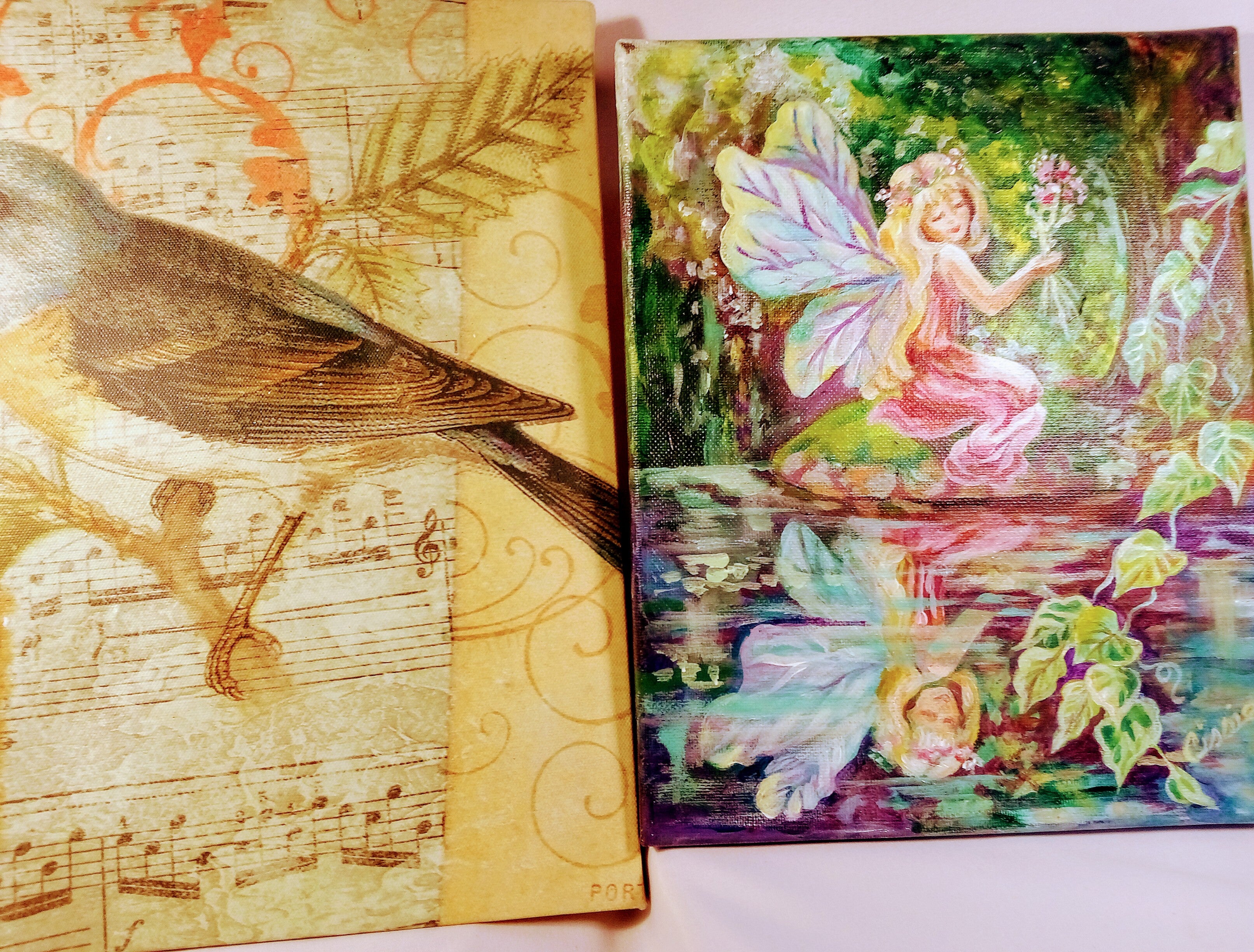 Christmas Gift Set: Unique Paintings Duo, Fairy Canvas Art for Fairy Lovers, Signed AND Greenfinch Tropical Decor