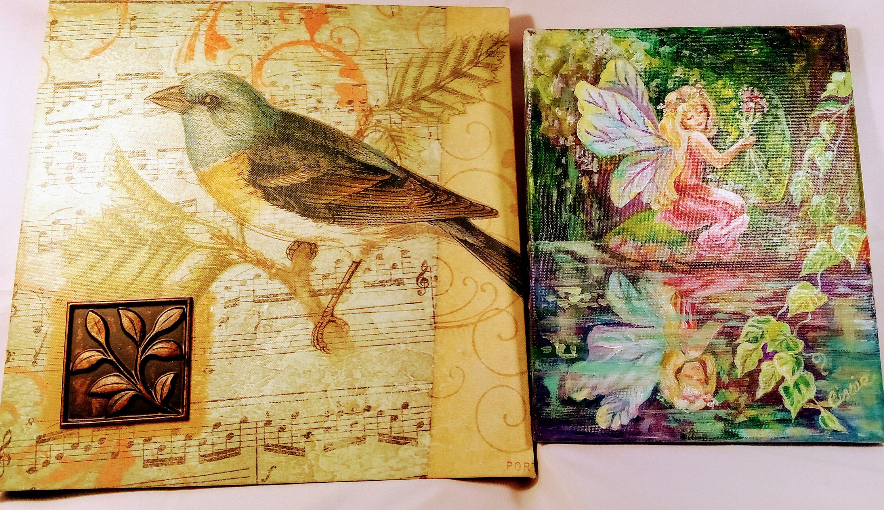 Christmas Gift Set: Unique Paintings Duo, Fairy Canvas Art for Fairy Lovers, Signed AND Greenfinch Tropical Decor