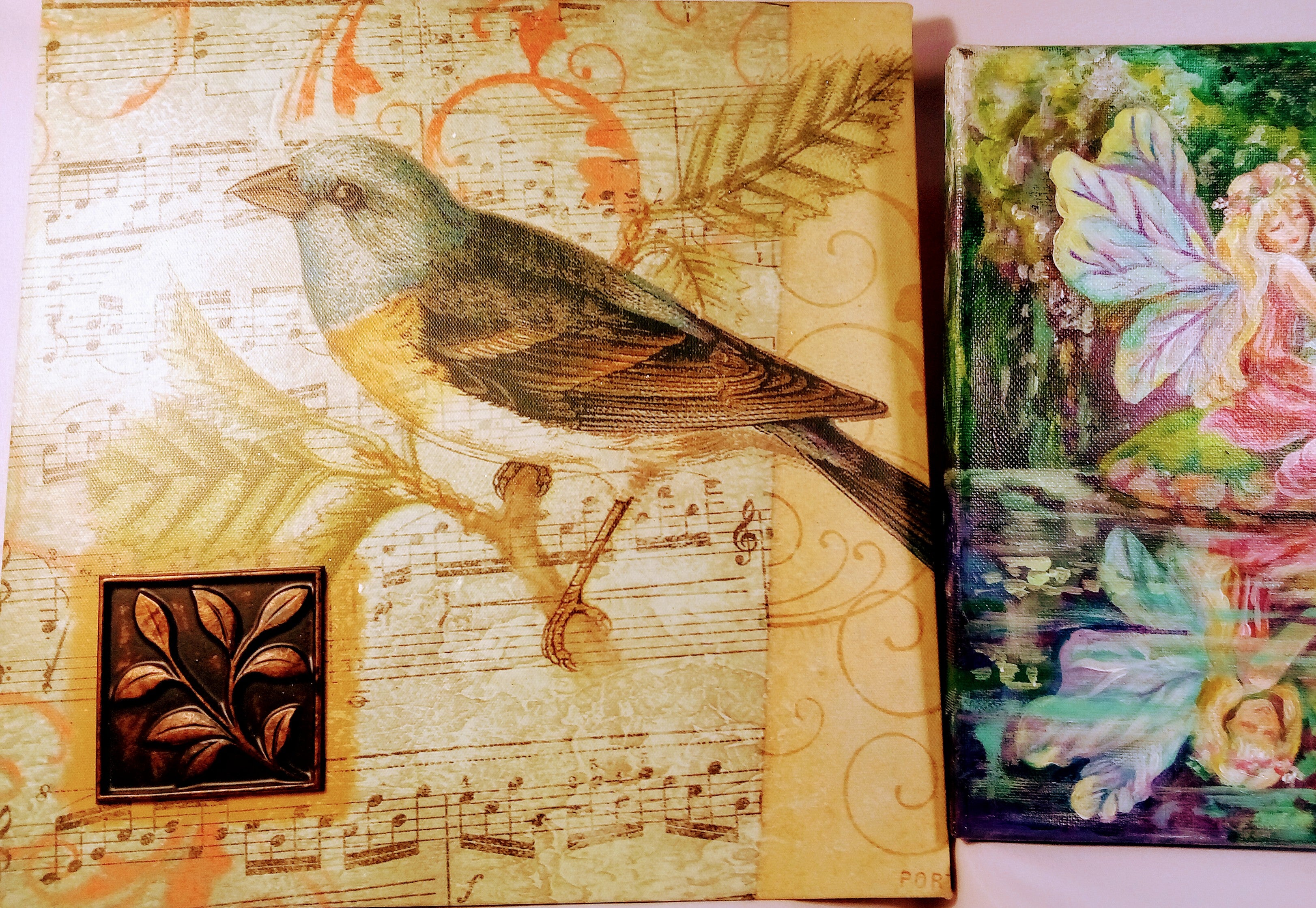 Christmas Gift Set: Unique Paintings Duo, Fairy Canvas Art for Fairy Lovers, Signed AND Greenfinch Tropical Decor