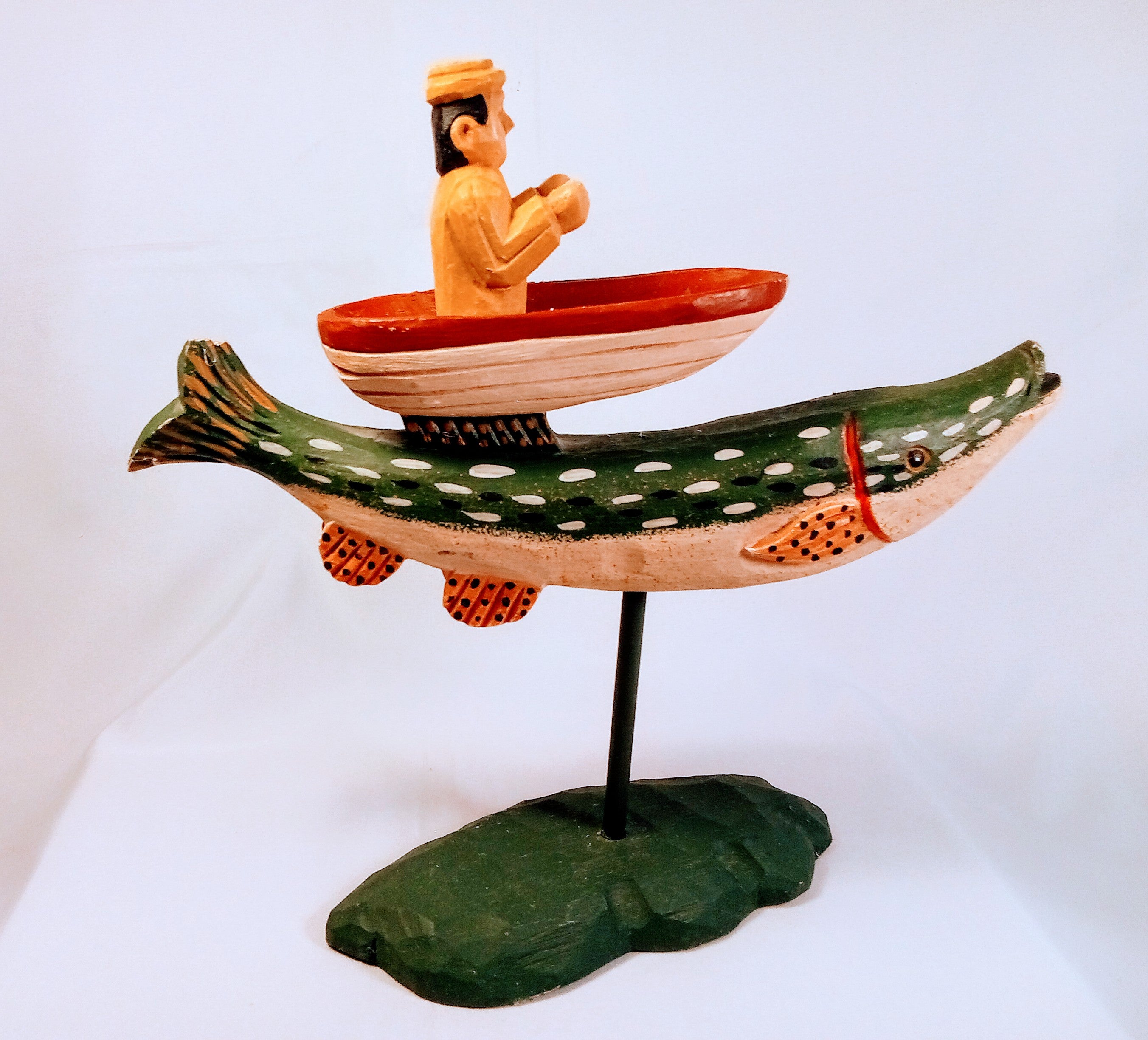 Vintage Fisherman Boat Figurine, Unique Gift for him, Artistic Home Decor and Collectible