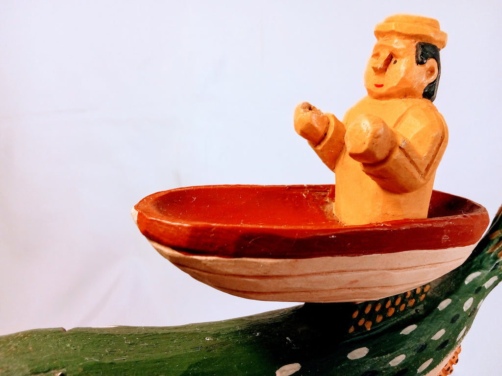 Vintage Fisherman Boat Figurine, Unique Gift for him, Artistic Home Decor and Collectible
