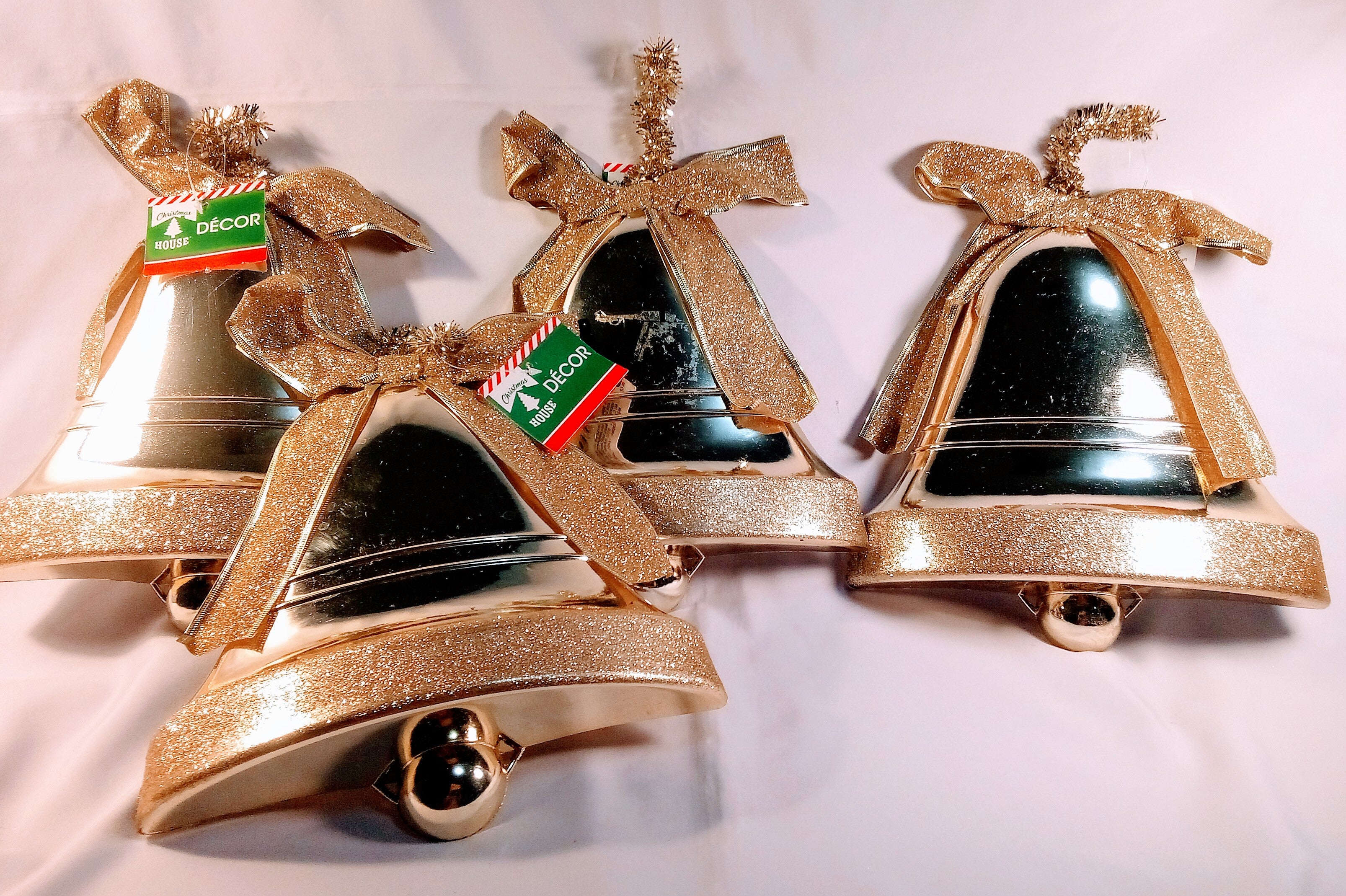 Christmas Festive Golden Bells  Elegant Decor for Her Joyful Home, Shimmering Wall Decor  (Large, Set of 4)