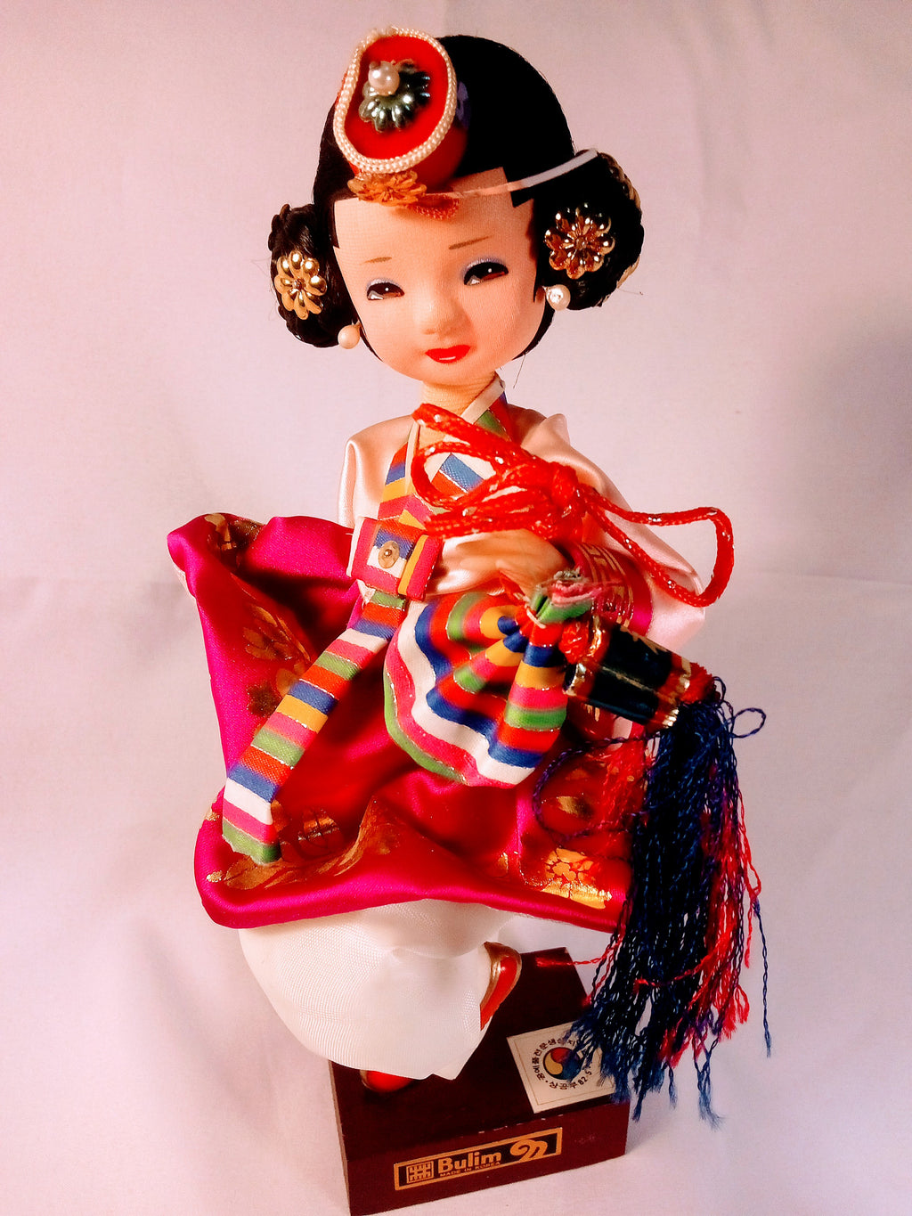 Korean Hanbok Figurine with Luxurious Silk and Cotton Dress, Adorned in Tradition, Handcrafted Pearl Earrings