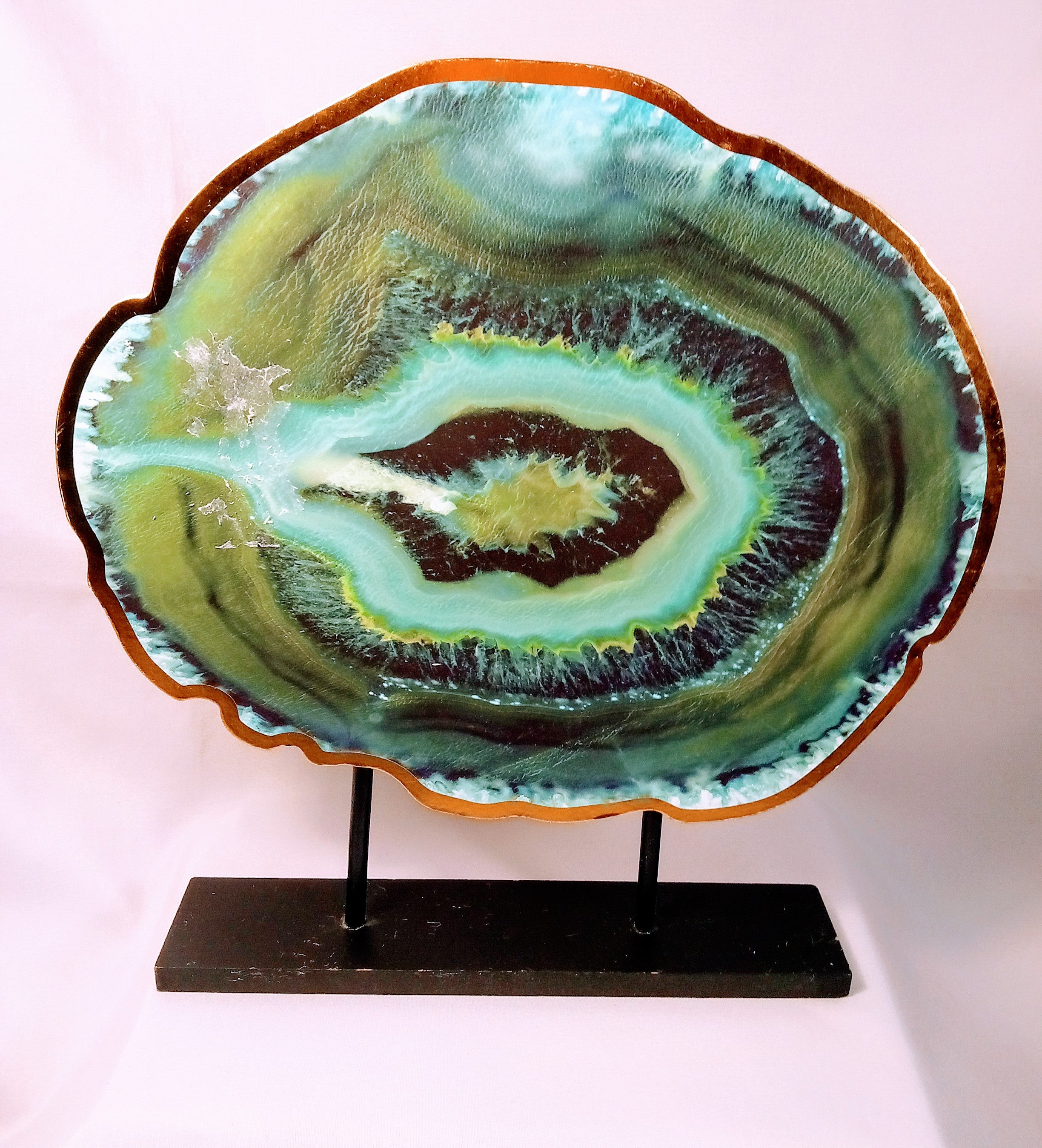Agate Ocean Green Painting in Wood Art, with Gold Finish Home Decor on Stand