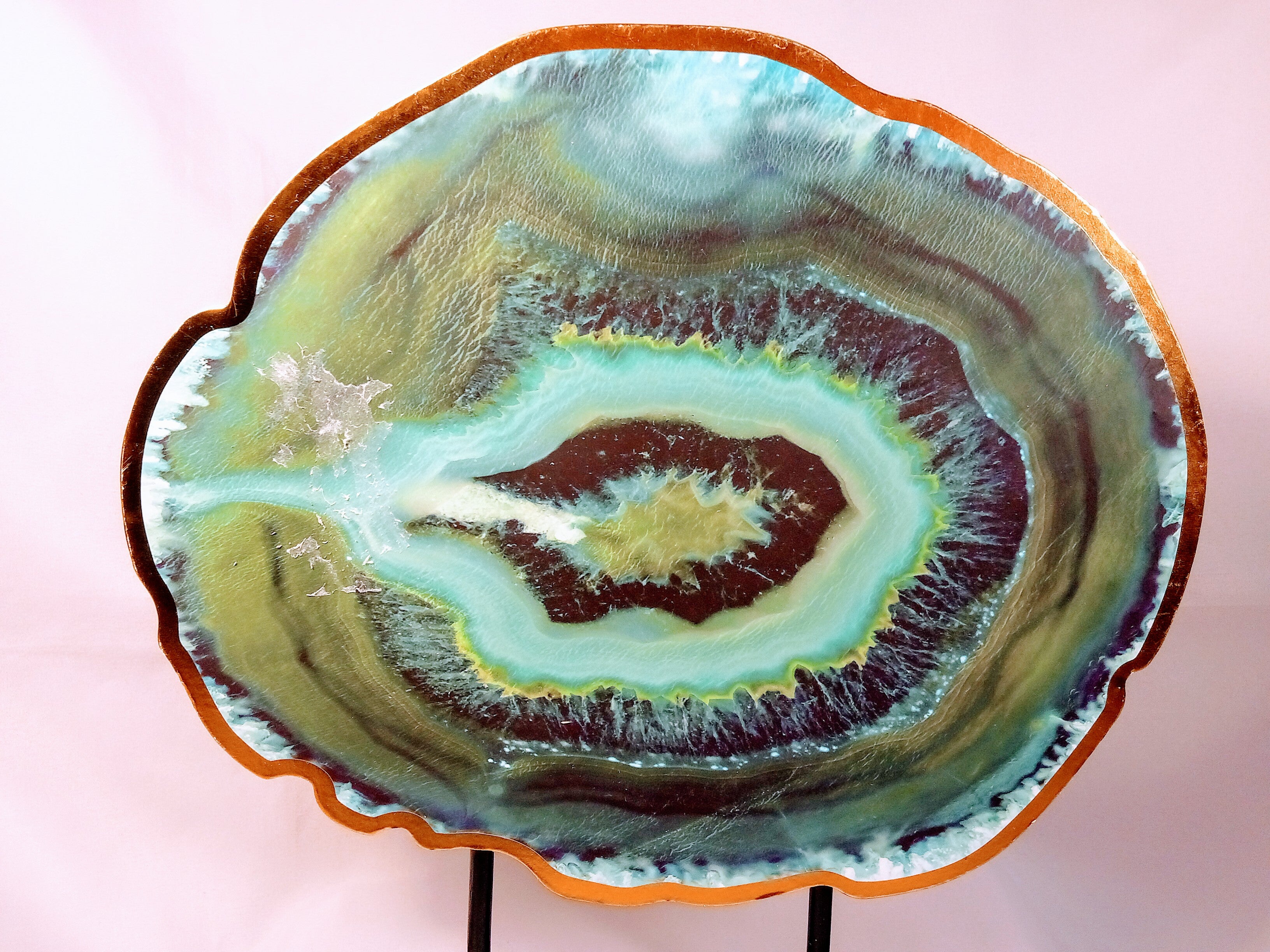 Agate Ocean Green Painting in Wood Art, with Gold Finish Home Decor on Stand