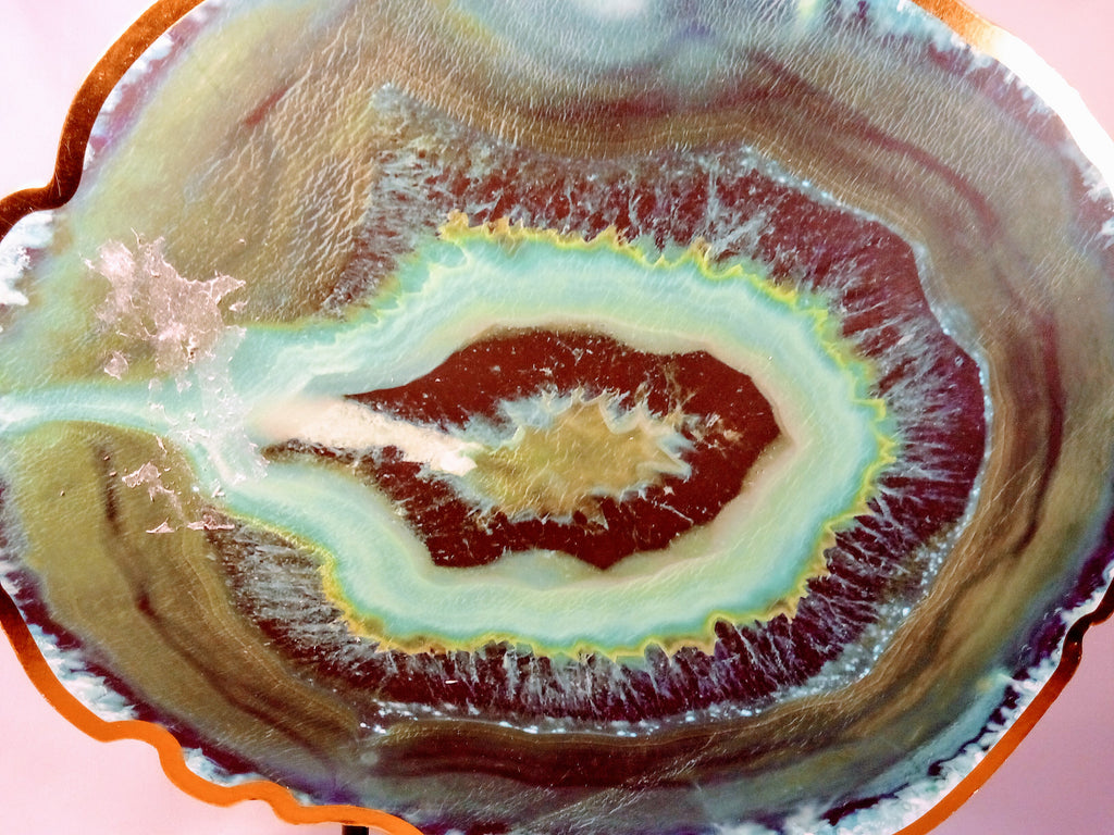 Agate Ocean Green Painting in Wood Art, with Gold Finish Home Decor on Stand