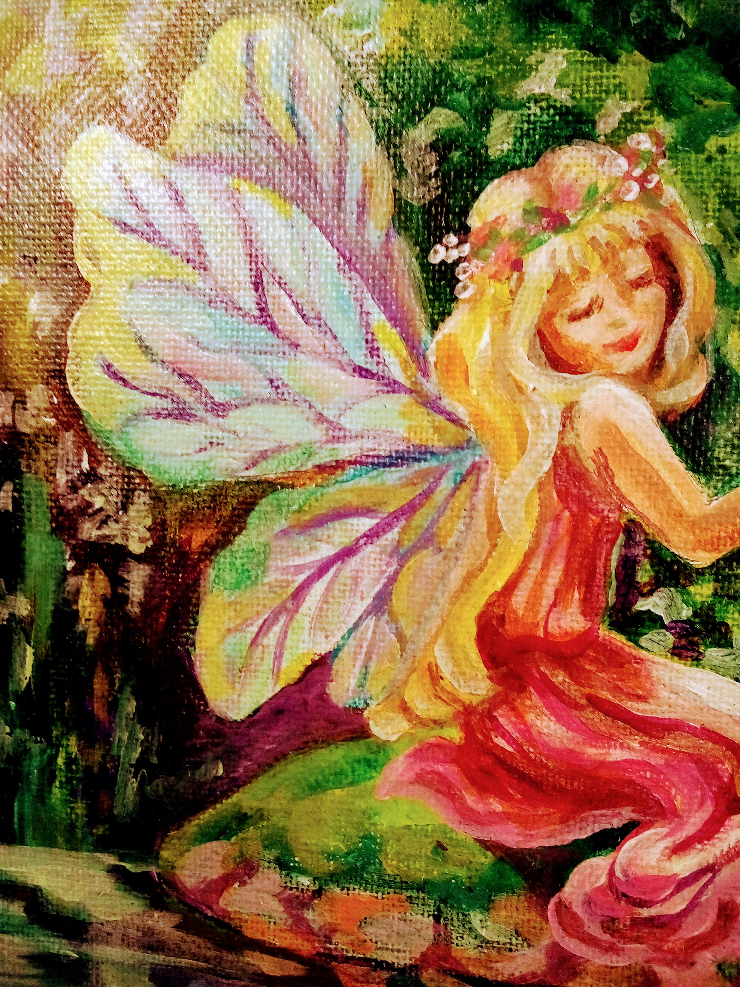 Christmas Gift Set: Unique Paintings Duo, Fairy Canvas Art for Fairy Lovers, Signed AND Greenfinch Tropical Decor