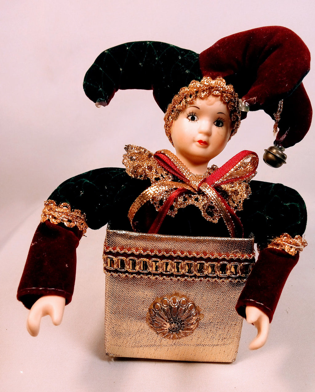 Vintage Jester Doll, Retro Porcelain Harlequin, Unique Decor Piece in Velvet Burgundy Twist