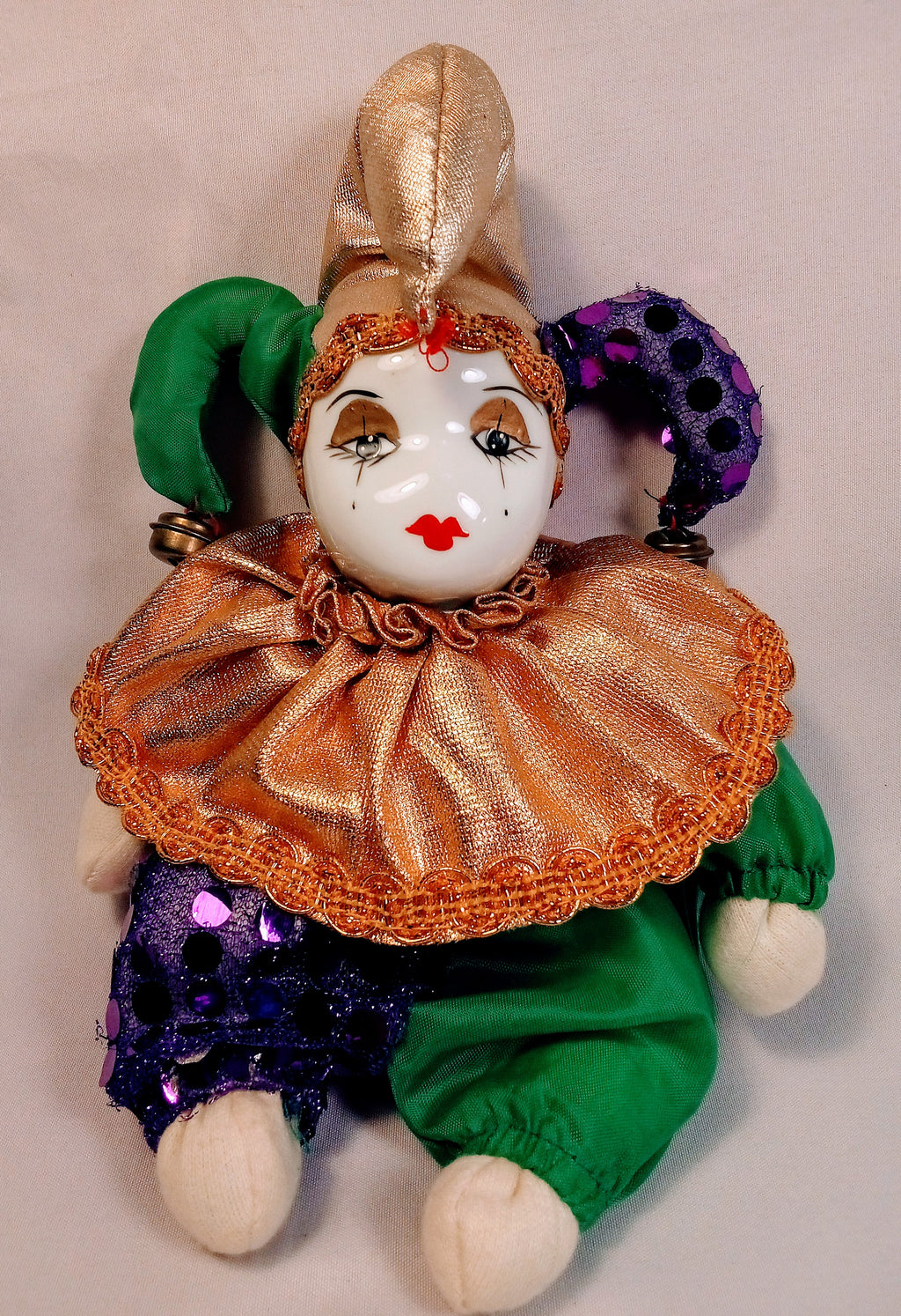 Porcelain Jester Doll, Vintage Harlequin Clown, Unique Home Accent, Elegant Charming Decor Piece, Retro Decoration