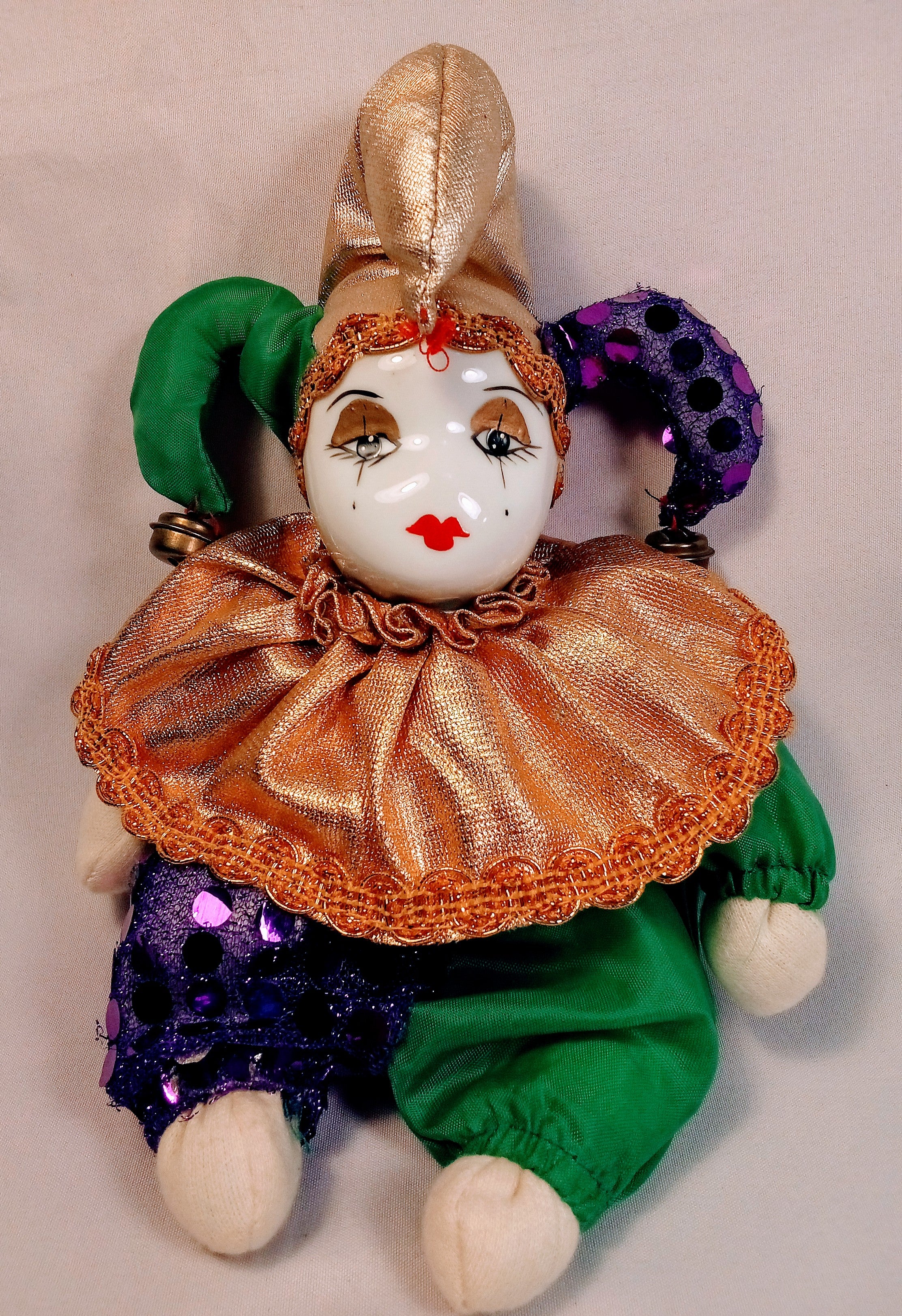 Porcelain Jester Doll, Vintage Harlequin Clown, Unique Home Accent, Elegant Charming Decor Piece, Retro Decoration