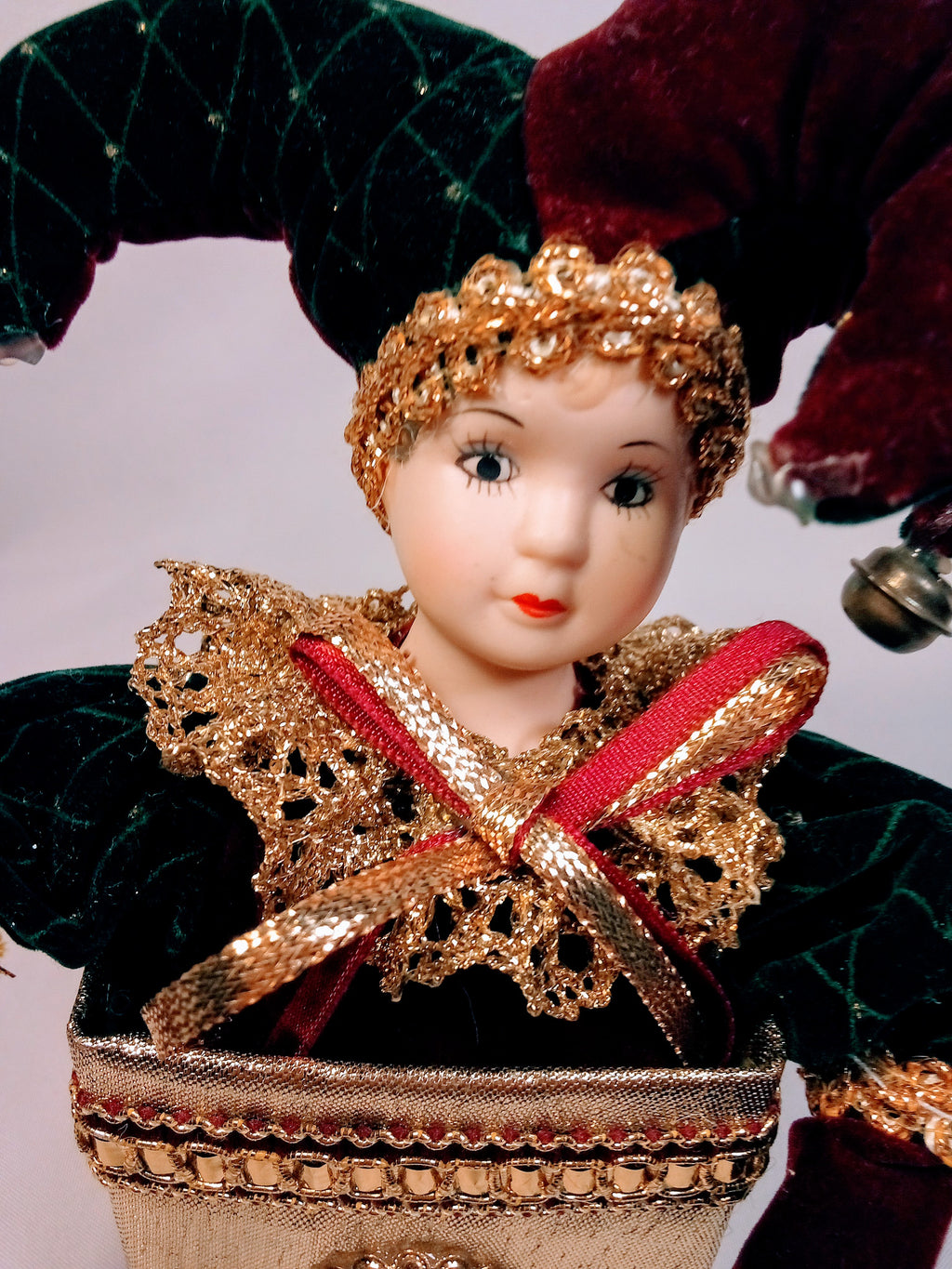 Vintage Jester Doll, Retro Porcelain Harlequin, Unique Decor Piece in Velvet Burgundy Twist