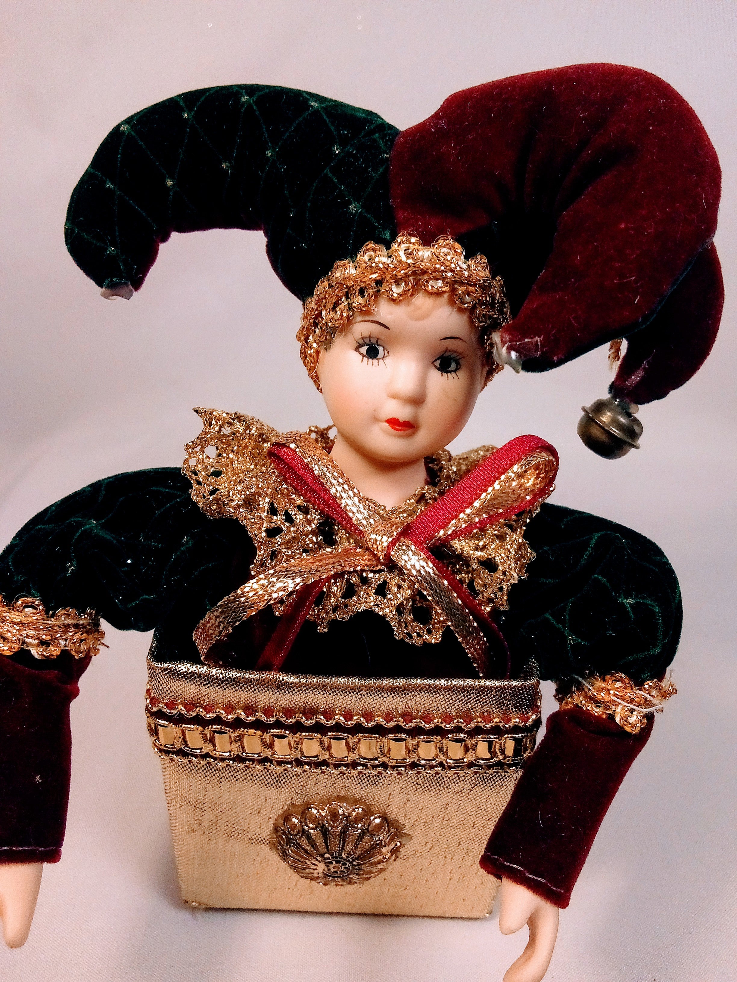 Vintage Jester Doll, Retro Porcelain Harlequin, Unique Decor Piece in Velvet Burgundy Twist