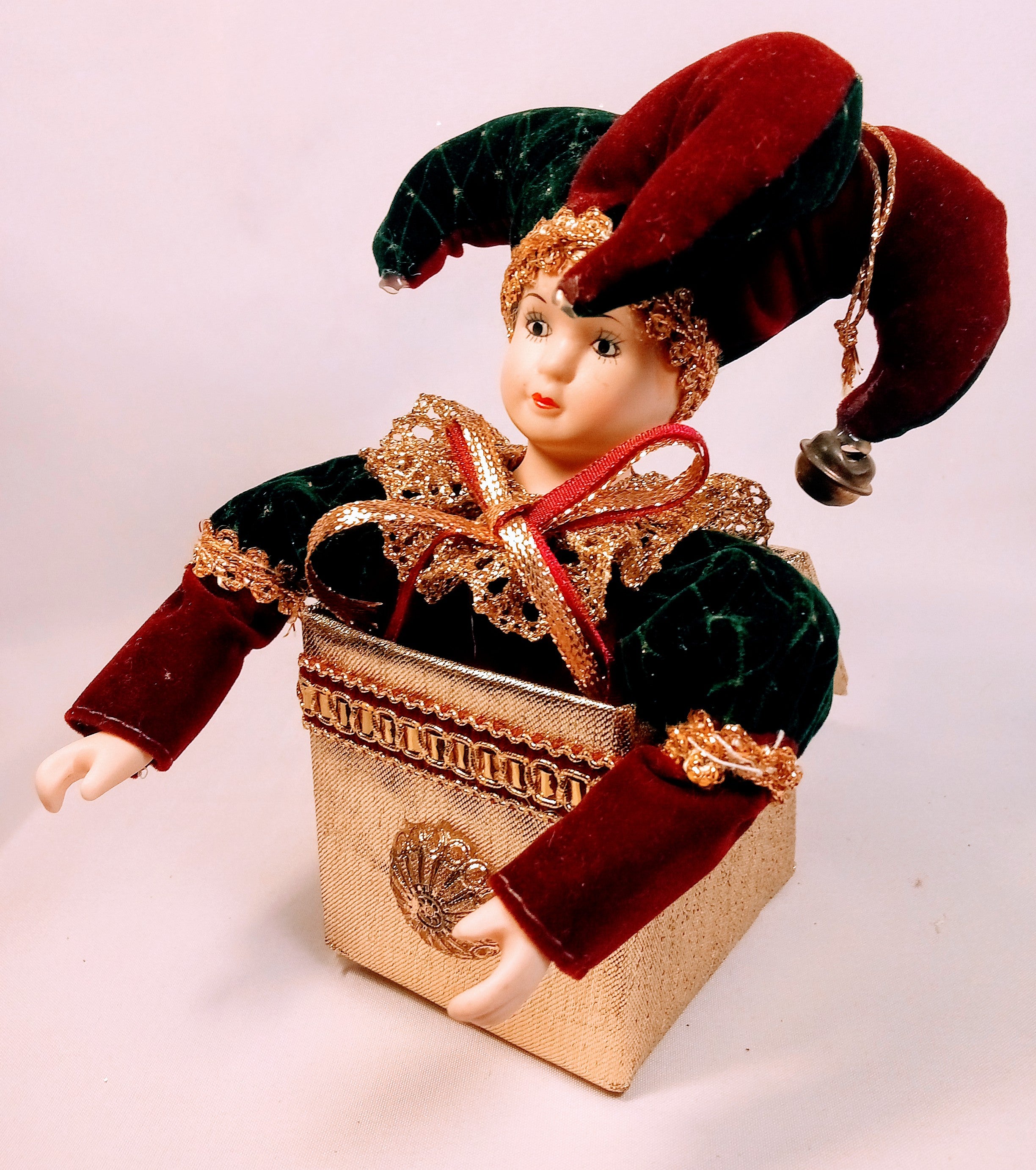 Vintage Jester Doll, Retro Porcelain Harlequin, Unique Decor Piece in Velvet Burgundy Twist