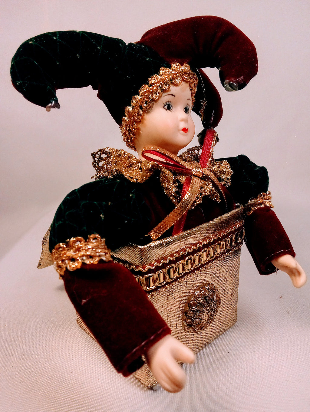 Vintage Jester Doll, Retro Porcelain Harlequin, Unique Decor Piece in Velvet Burgundy Twist