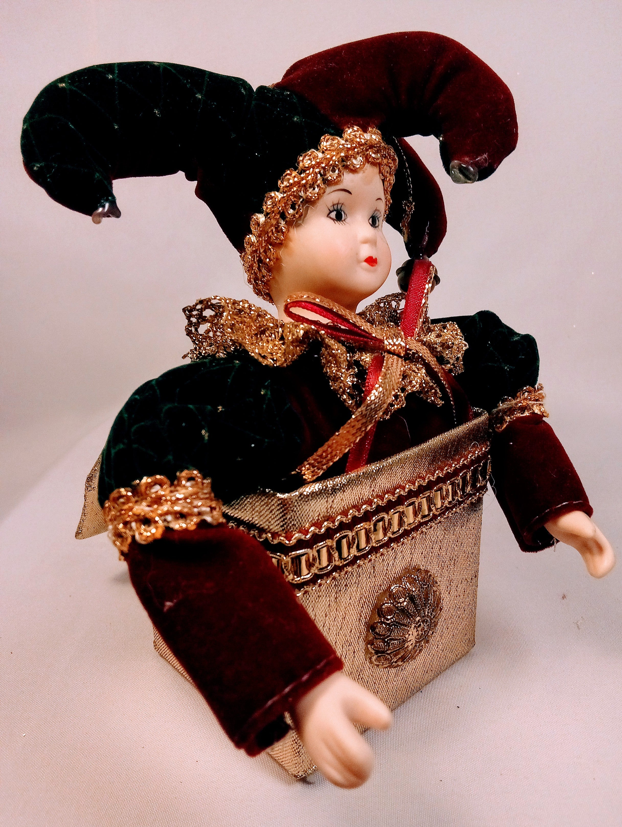 Vintage Jester Doll, Retro Porcelain Harlequin, Unique Decor Piece in Velvet Burgundy Twist