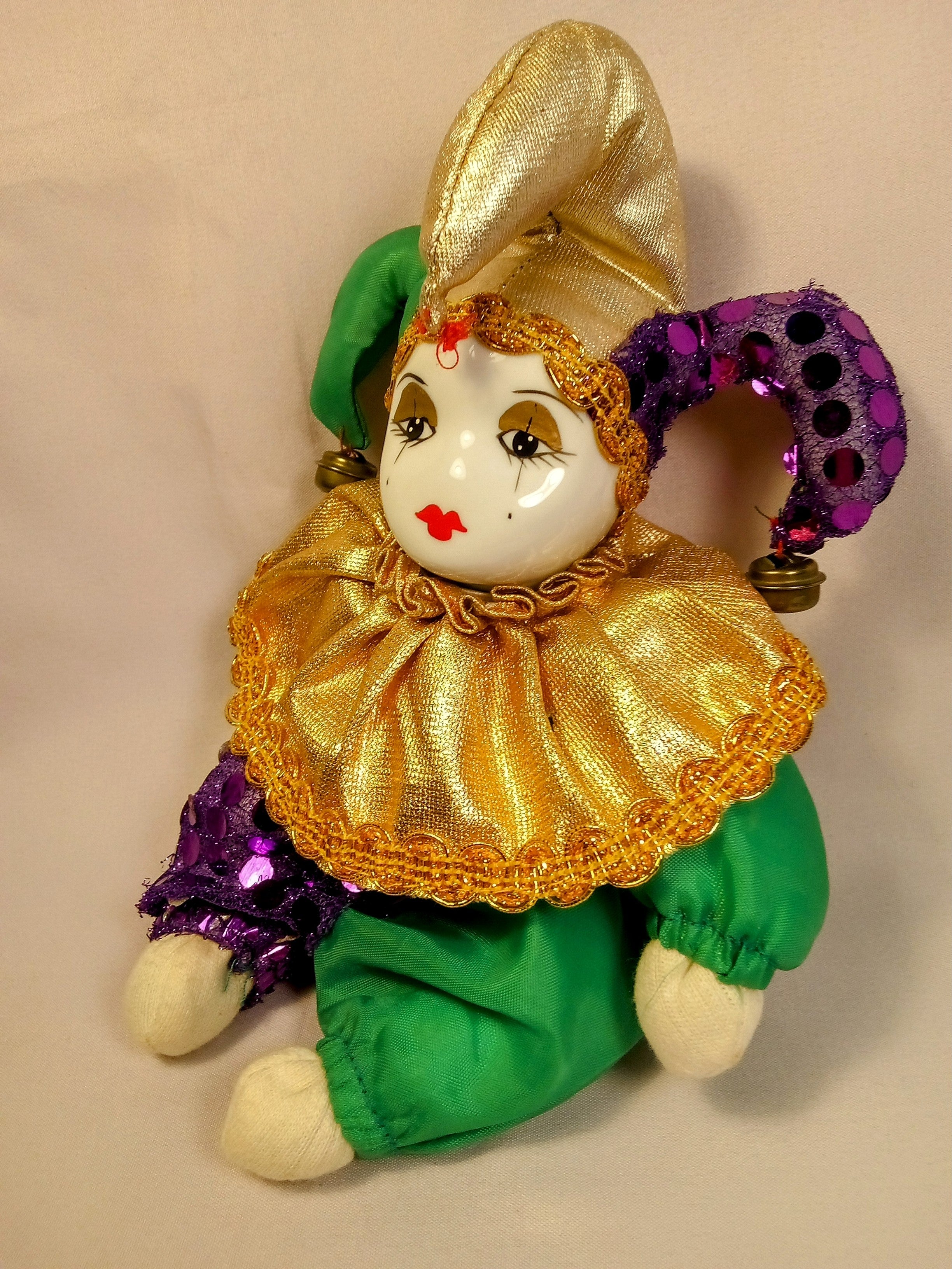 Porcelain Jester Doll, Vintage Harlequin Clown, Unique Home Accent, Elegant Charming Decor Piece, Retro Decoration