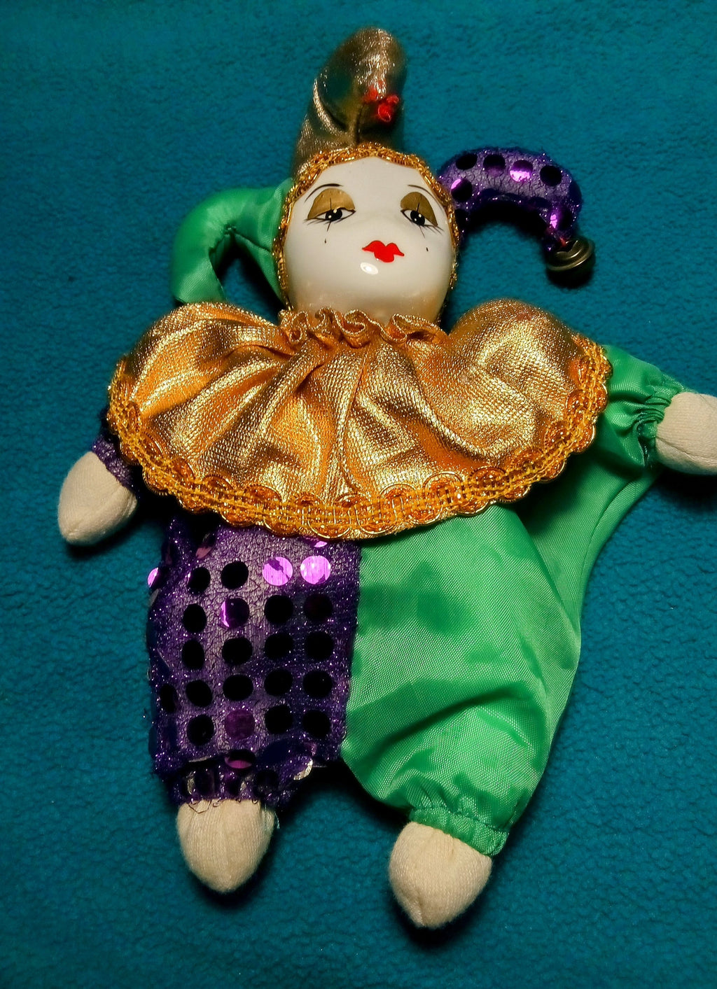 Porcelain Jester Doll, Vintage Harlequin Clown, Unique Home Accent, Elegant Charming Decor Piece, Retro Decoration