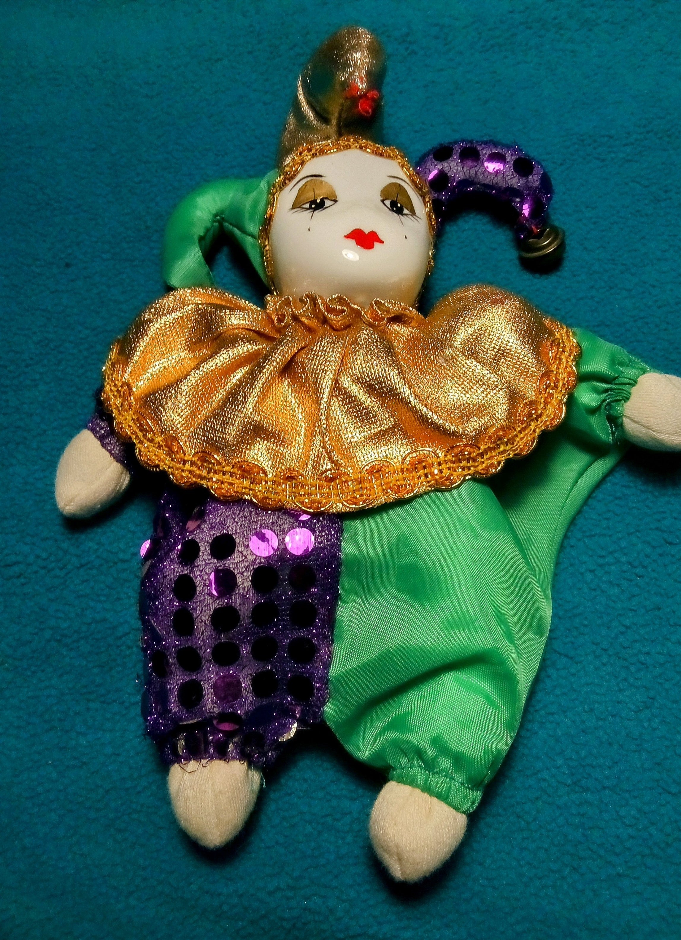 Porcelain Jester Doll, Vintage Harlequin Clown, Unique Home Accent, Elegant Charming Decor Piece, Retro Decoration