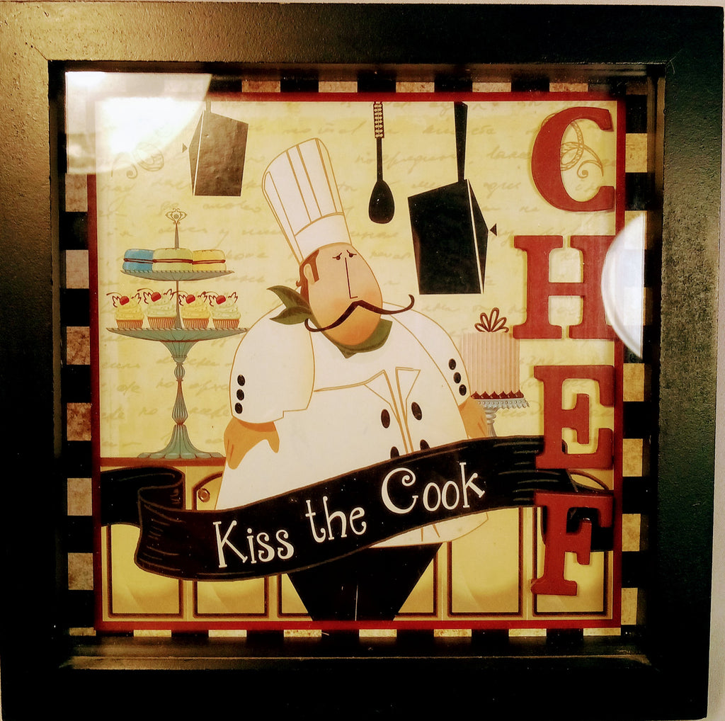 Framed 'Kiss the Cook' Kitchen Sign - Glass Wall Decor for Restaurants & Home Chefs