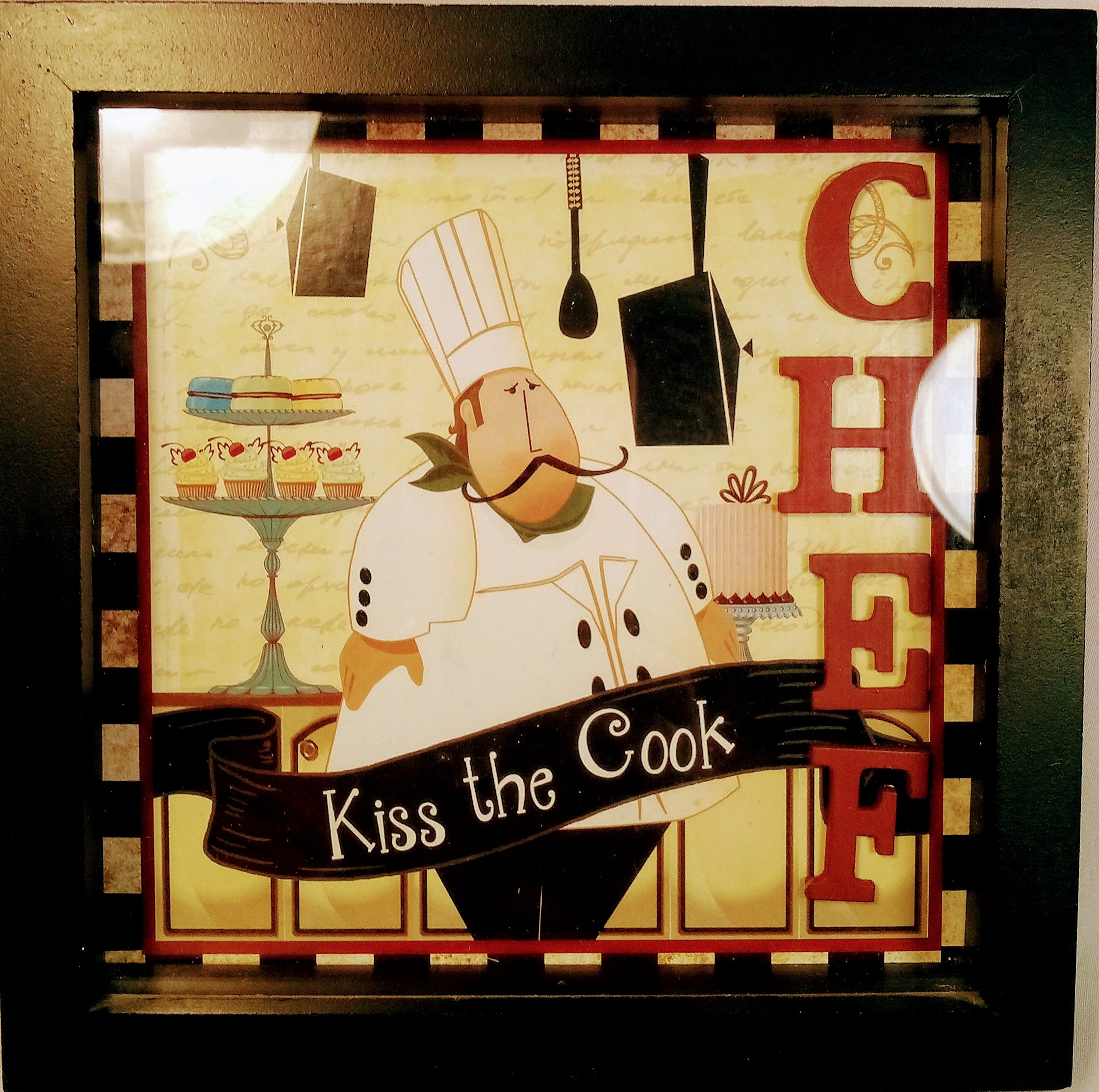 Framed 'Kiss the Cook' Kitchen Sign - Glass Wall Decor for Restaurants & Home Chefs