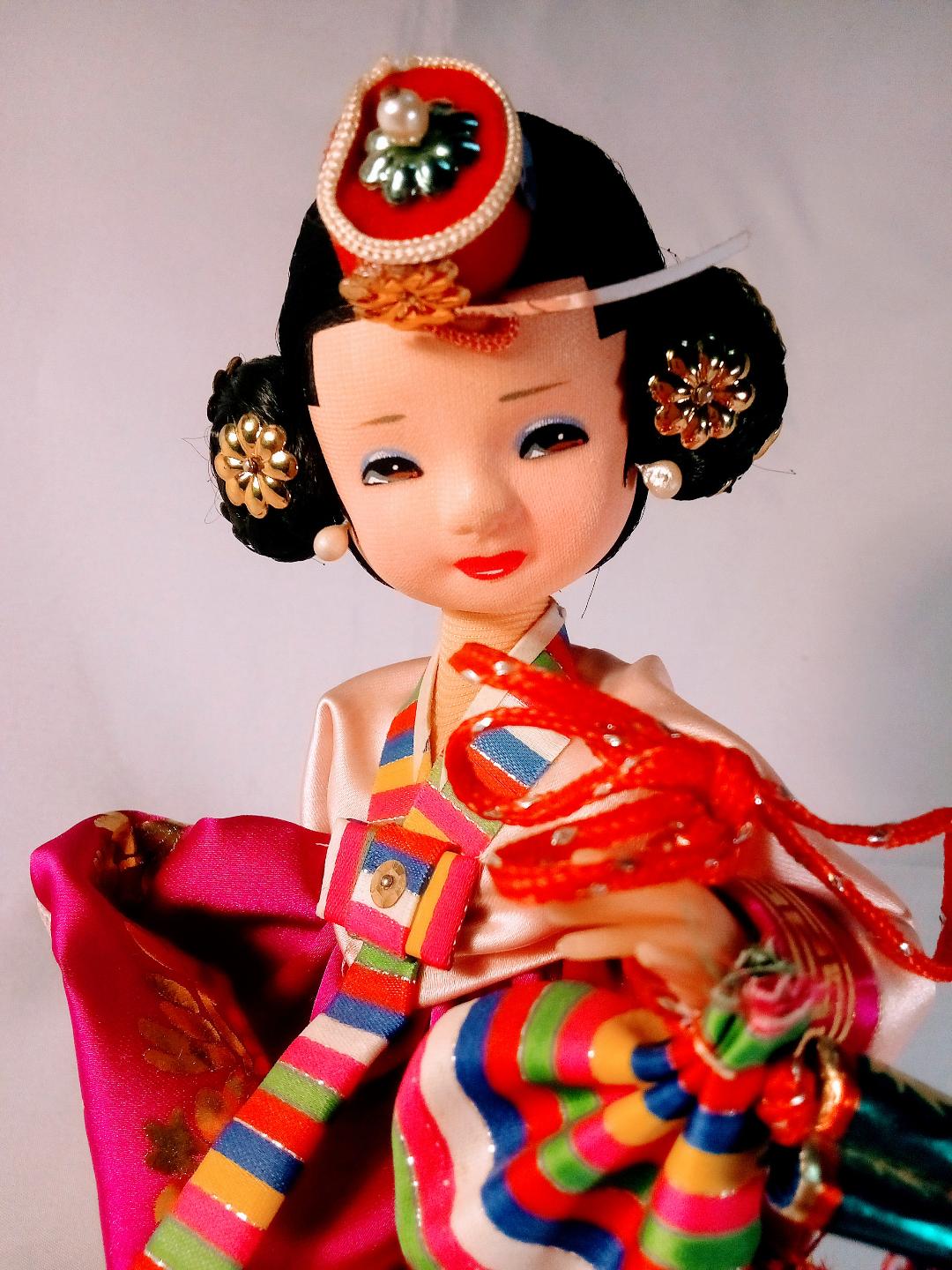 Korean Hanbok Figurine with Luxurious Silk and Cotton Dress, Adorned in Tradition, Handcrafted Pearl Earrings