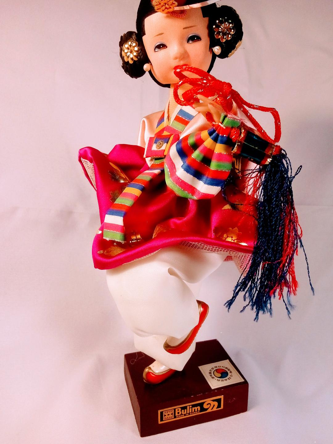 Korean Hanbok Figurine with Luxurious Silk and Cotton Dress, Adorned in Tradition, Handcrafted Pearl Earrings
