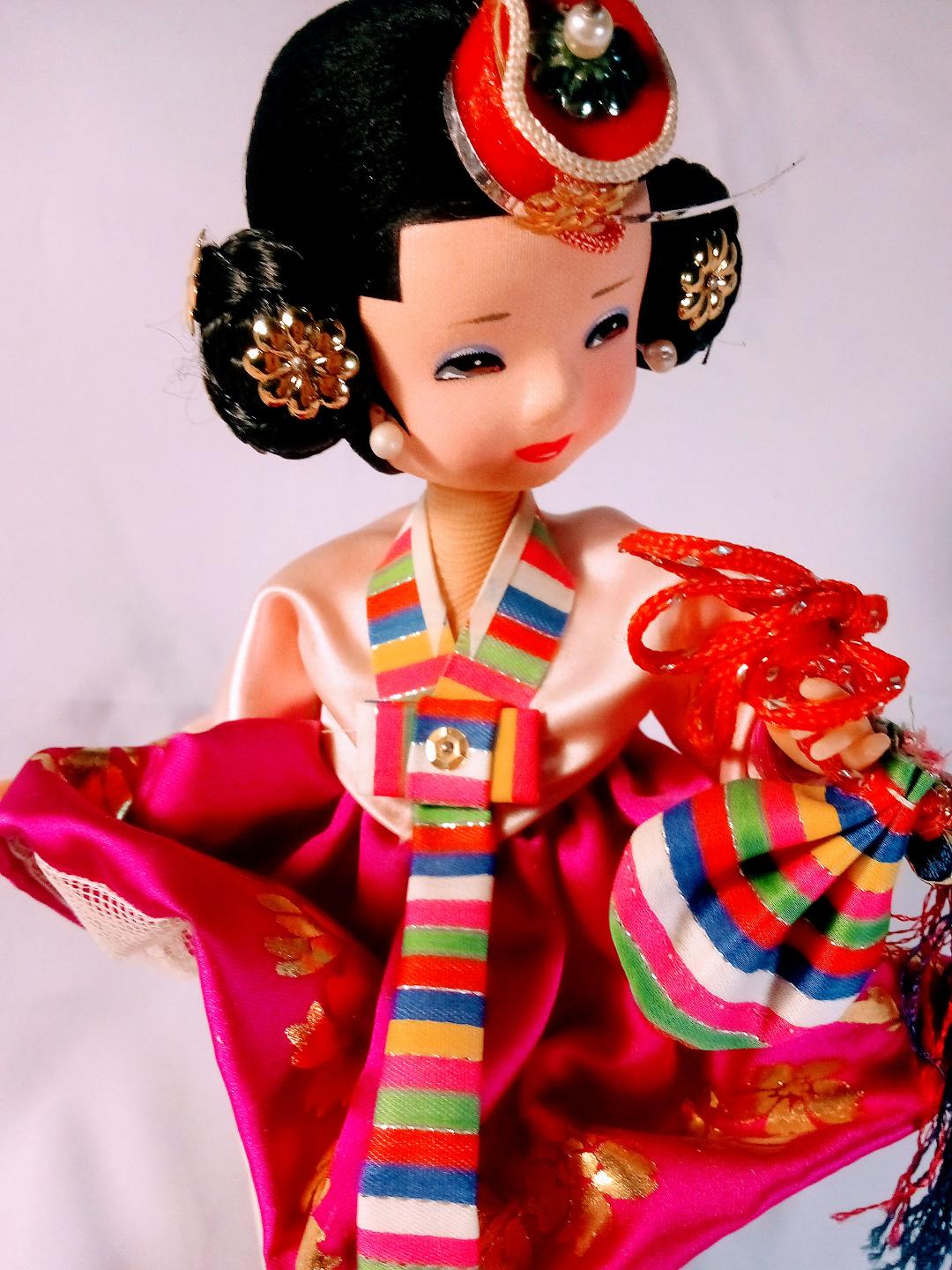 Korean Hanbok Figurine with Luxurious Silk and Cotton Dress, Adorned in Tradition, Handcrafted Pearl Earrings