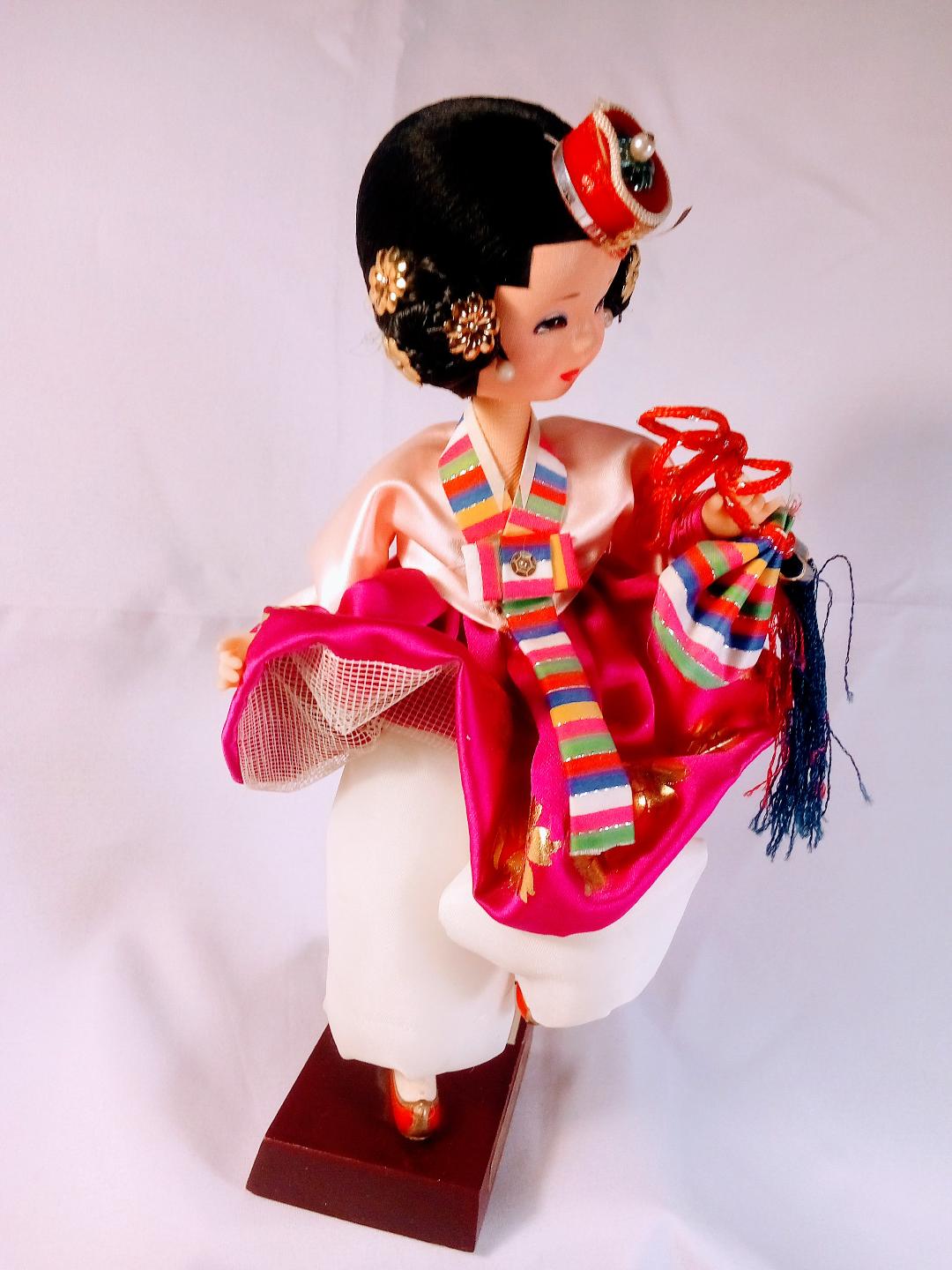 Korean Hanbok Figurine with Luxurious Silk and Cotton Dress, Adorned in Tradition, Handcrafted Pearl Earrings