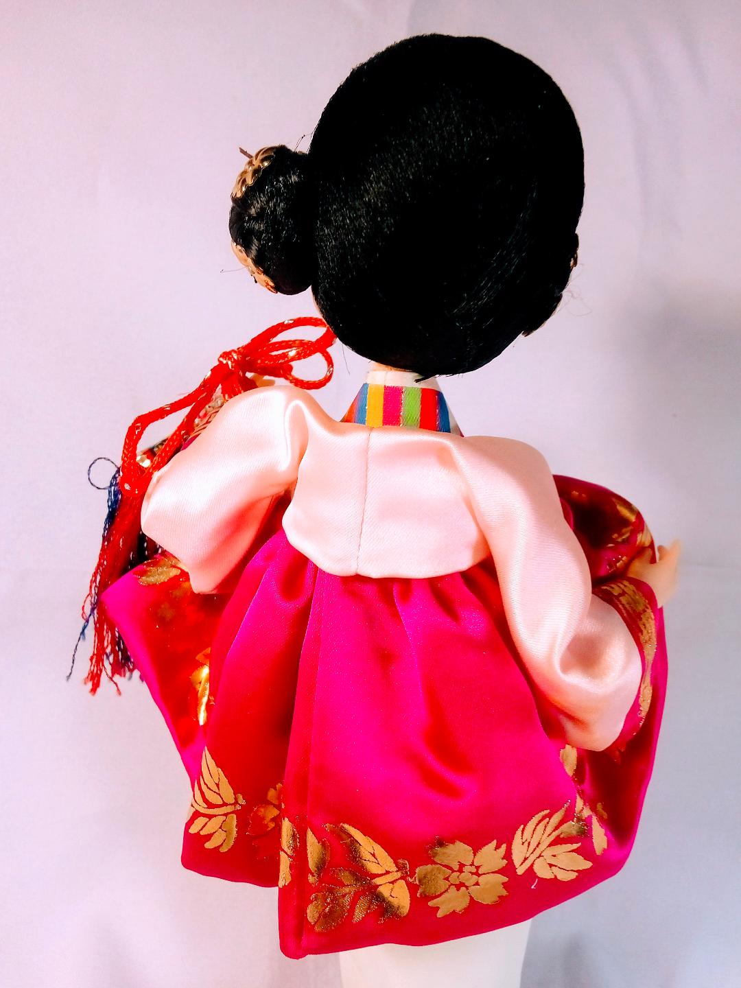 Korean Hanbok Figurine with Luxurious Silk and Cotton Dress, Adorned in Tradition, Handcrafted Pearl Earrings
