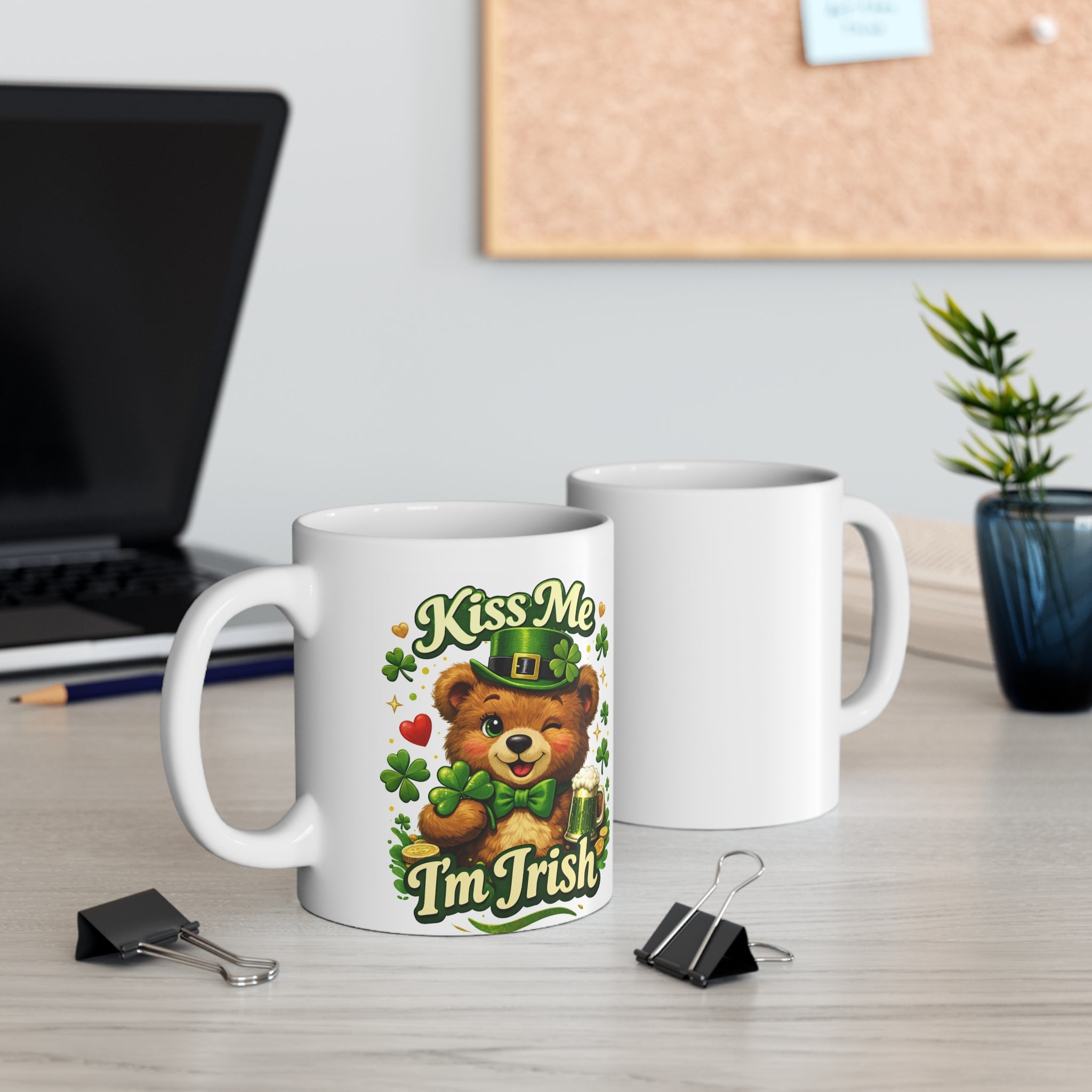 Kiss Me I'm Irish Mug — Cute Teddy St. Patrick's Day Ceramic Coffee Cup, On the desk of someone who celebrates Irish charm