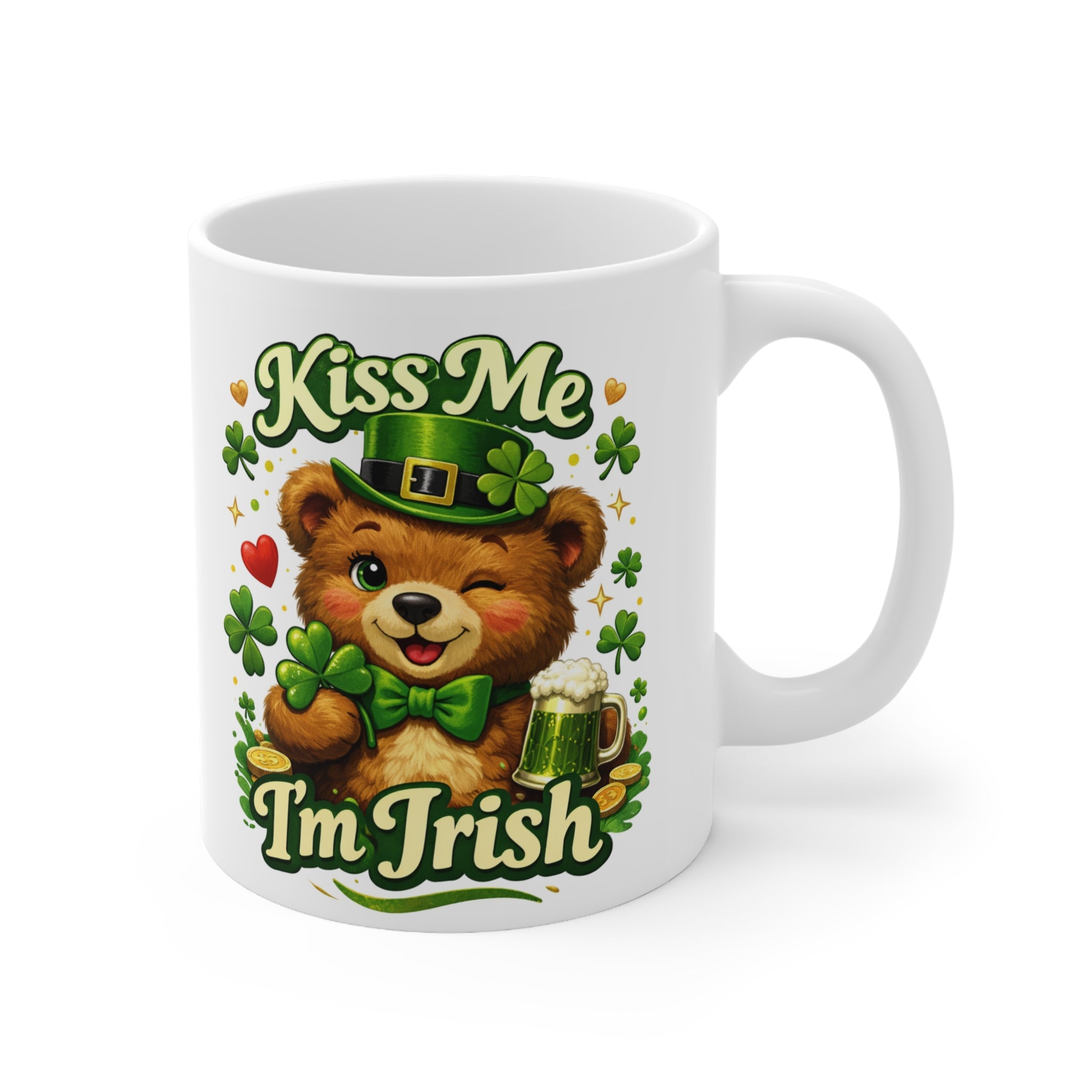 Kiss Me I'm Irish Mug — Cute Teddy St. Patrick's Day Ceramic Coffee Cup, On the desk of someone who celebrates Irish charm