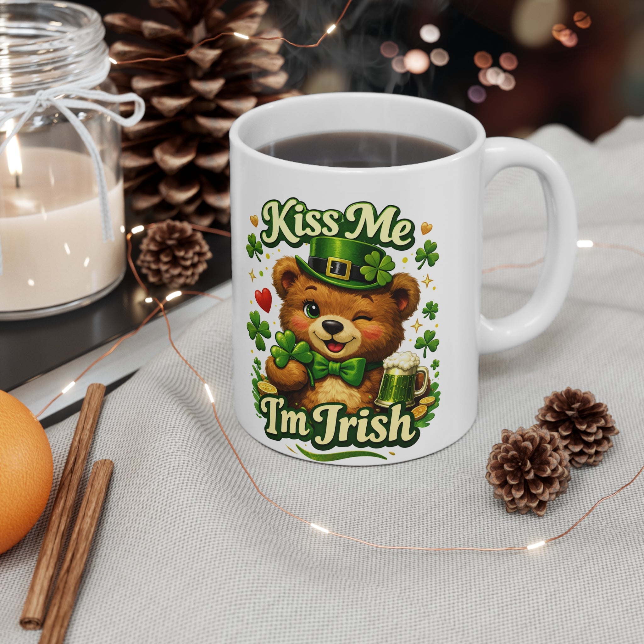 Kiss Me I'm Irish Mug — Cute Teddy St. Patrick's Day Ceramic Coffee Cup, On the desk of someone who celebrates Irish charm