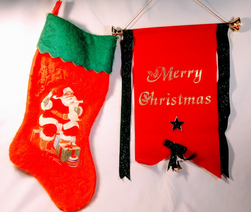 Festive Christmas Stocking and Banner Set, Santa Decor for the Holidays, Santa-Themed Decoration Bundle